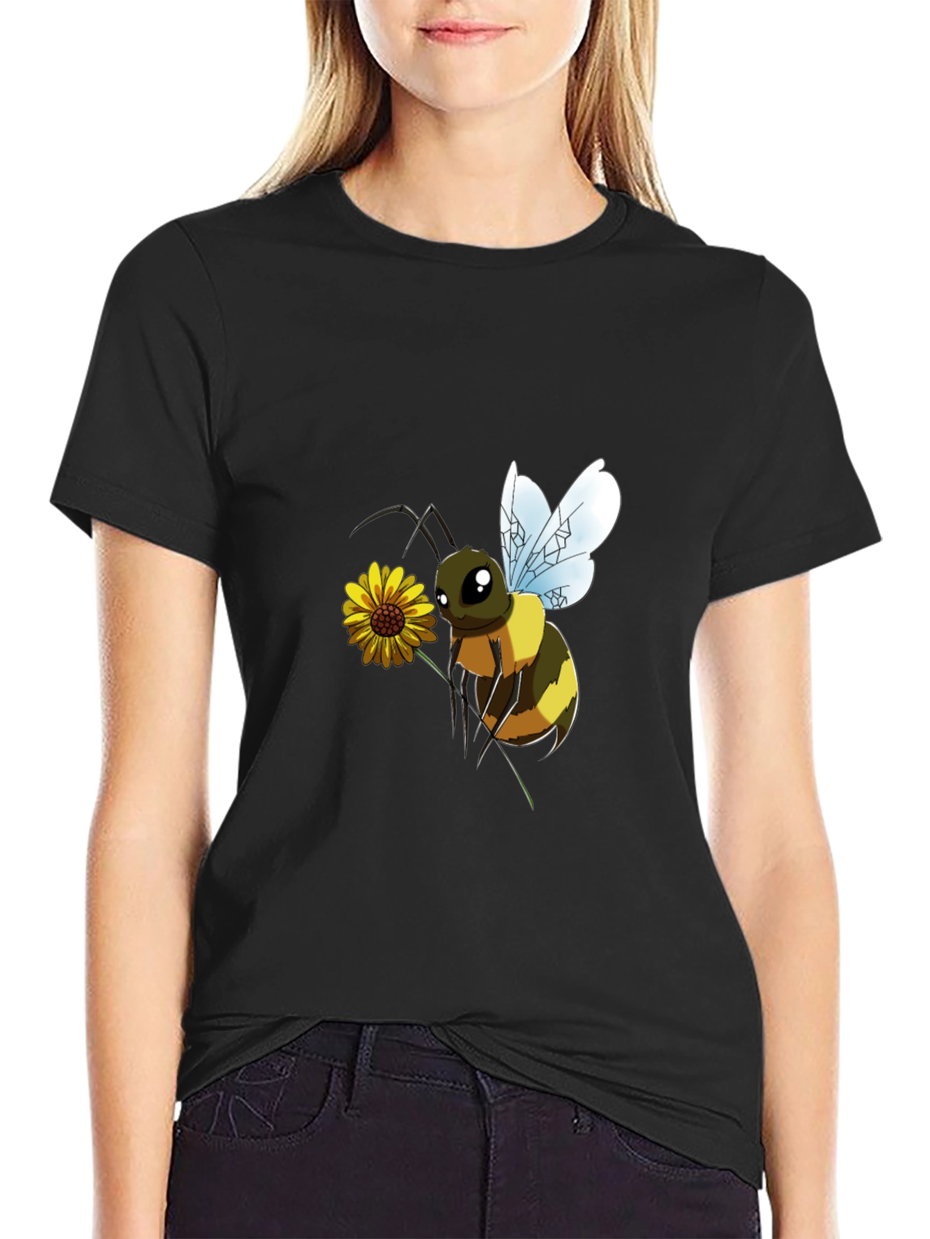 Cartoon Bee & Flower Black T-Shirt