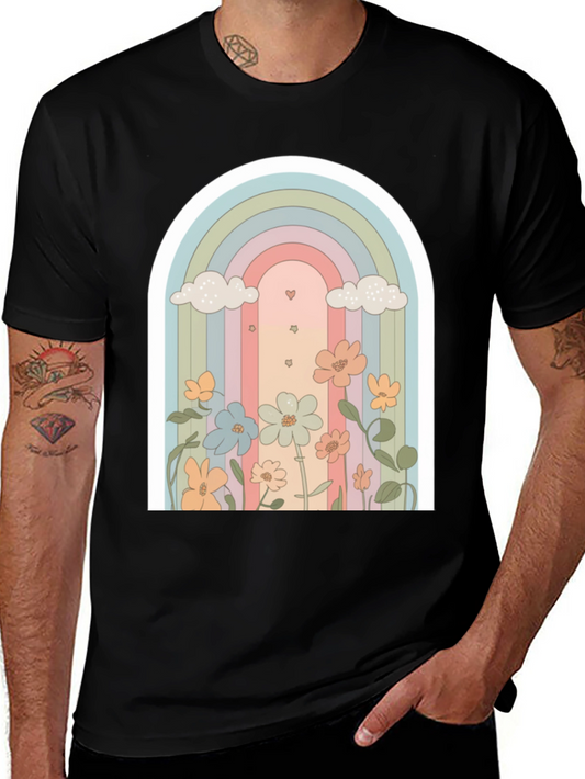 Retro Rainbow Floral T-Shirt - Soft Black Cotton