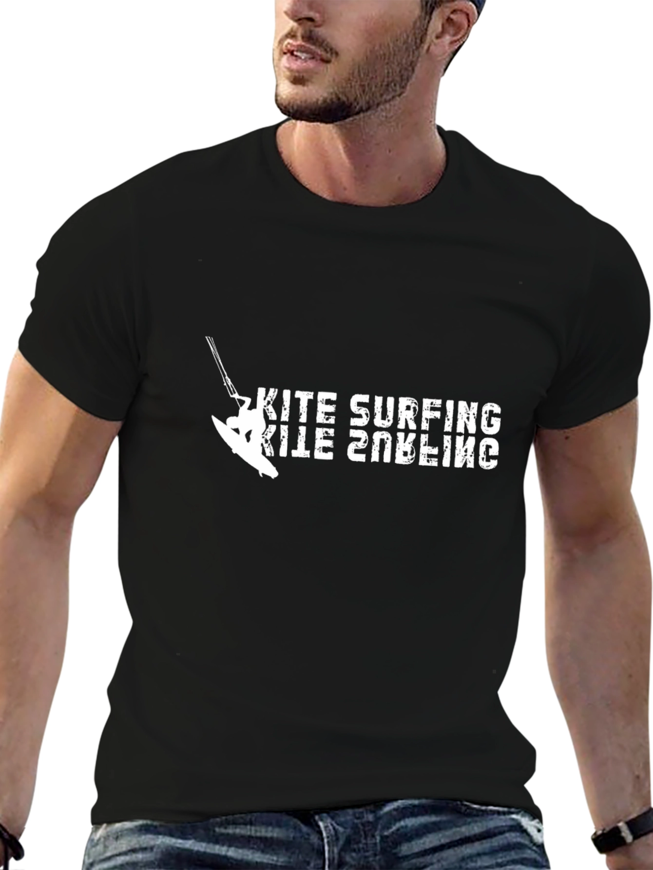 Kite Surfing Graphic Tee - Black Cotton T-Shirt