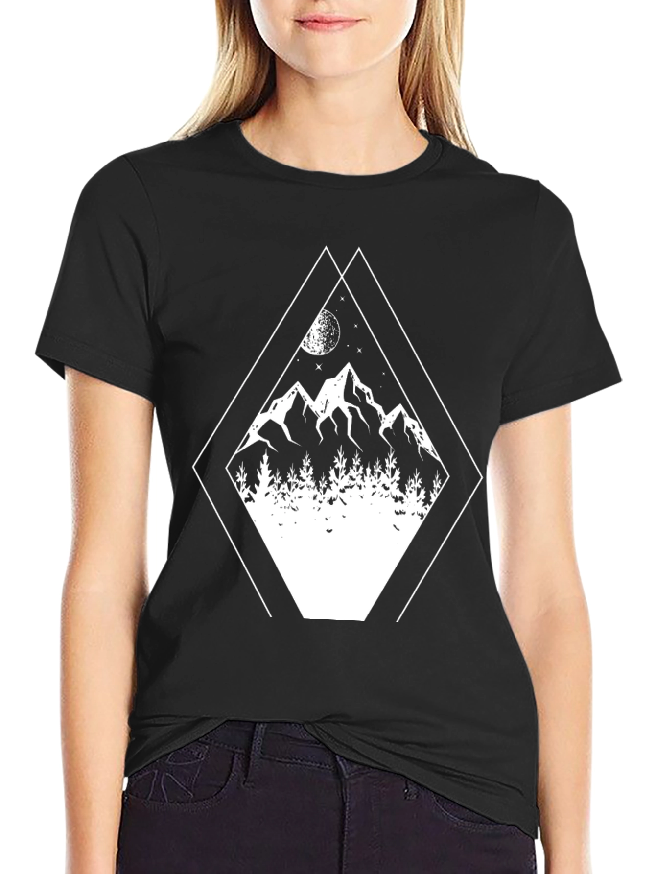 Geometric Mountain Scene Graphic Tee - Black Cotton Blend