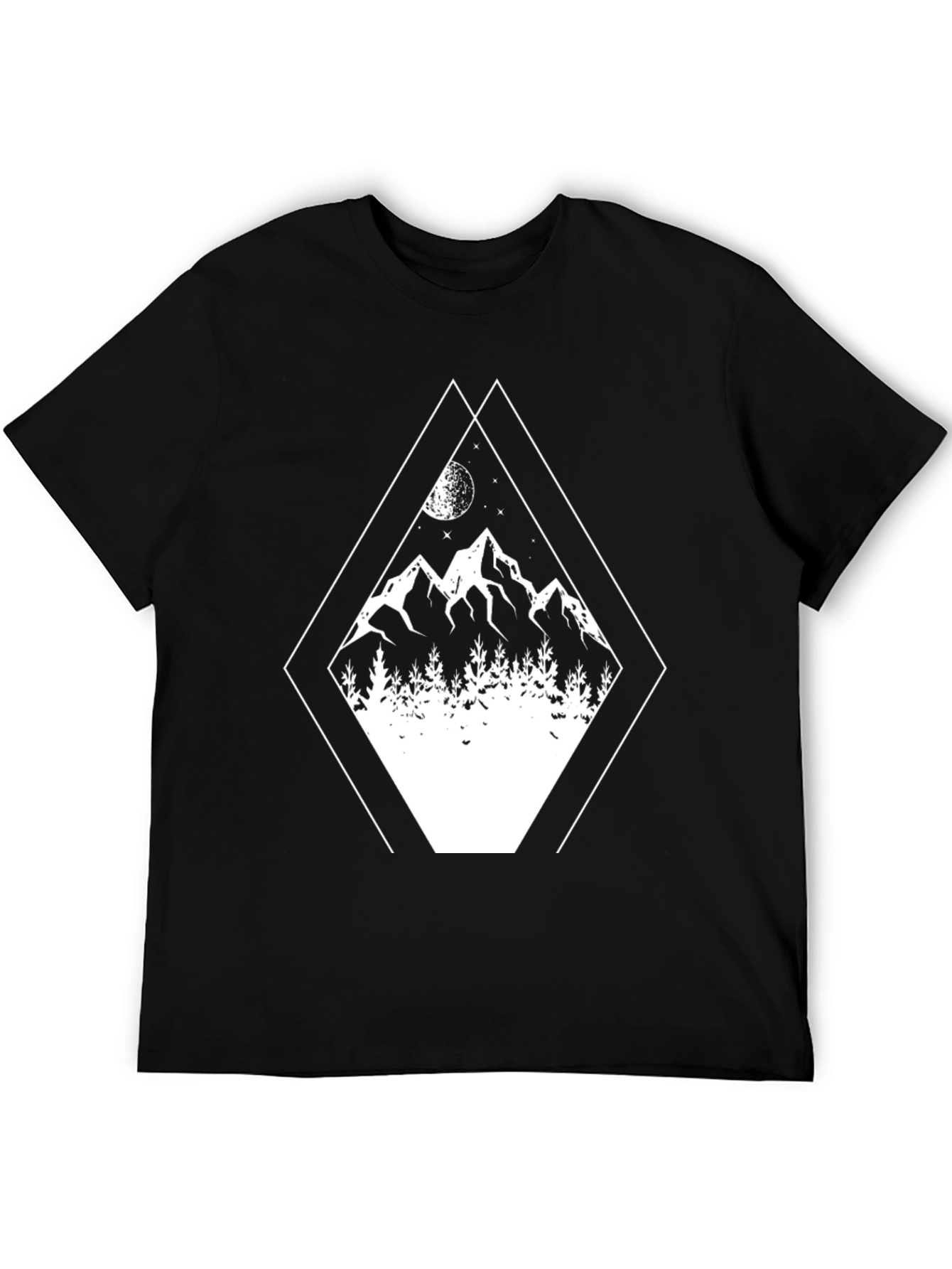 Geometric Mountain Scene Graphic Tee - Black Cotton Blend