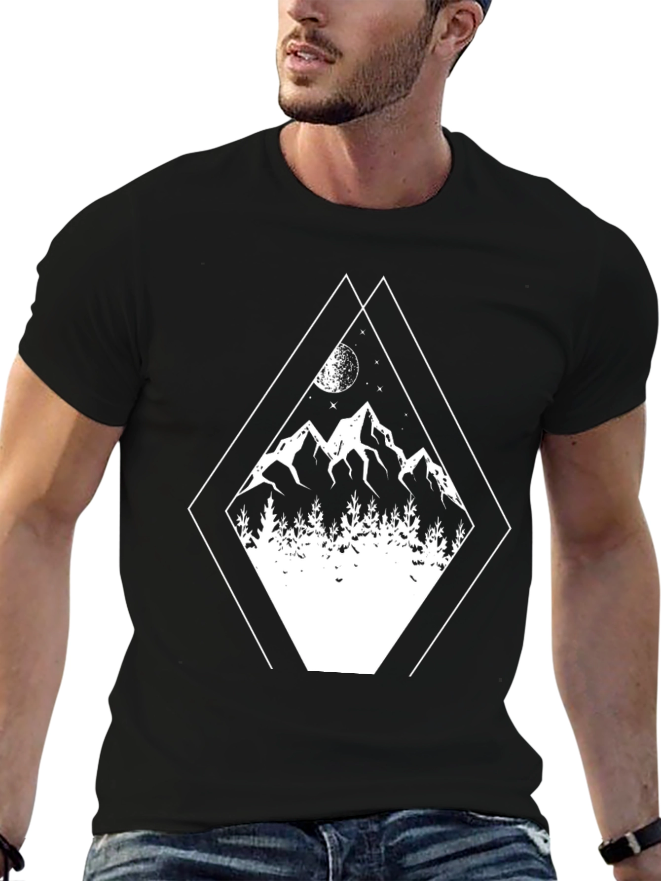 Geometric Mountain Scene Graphic Tee - Black Cotton Blend