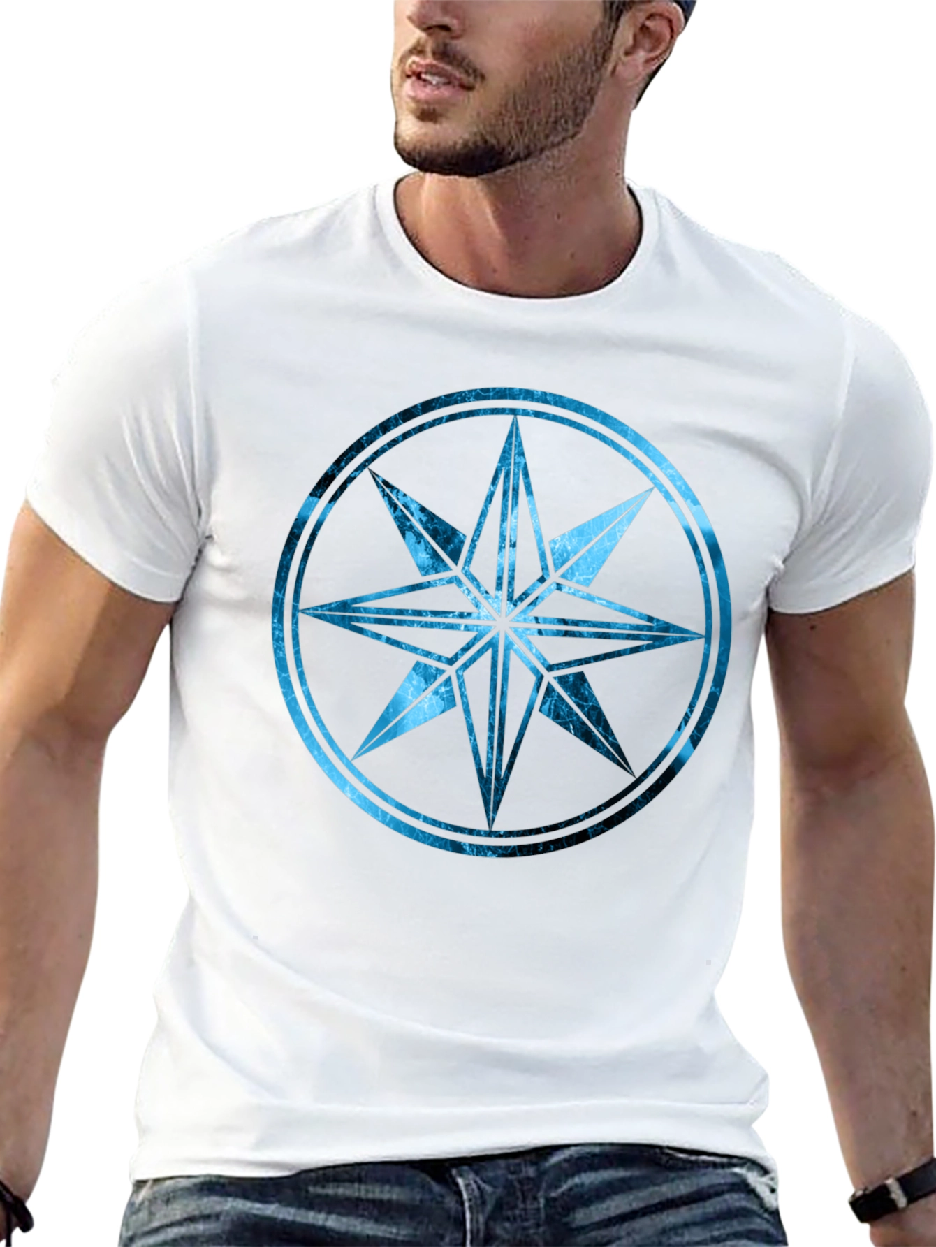 Black T-Shirt with Blue Compass Design