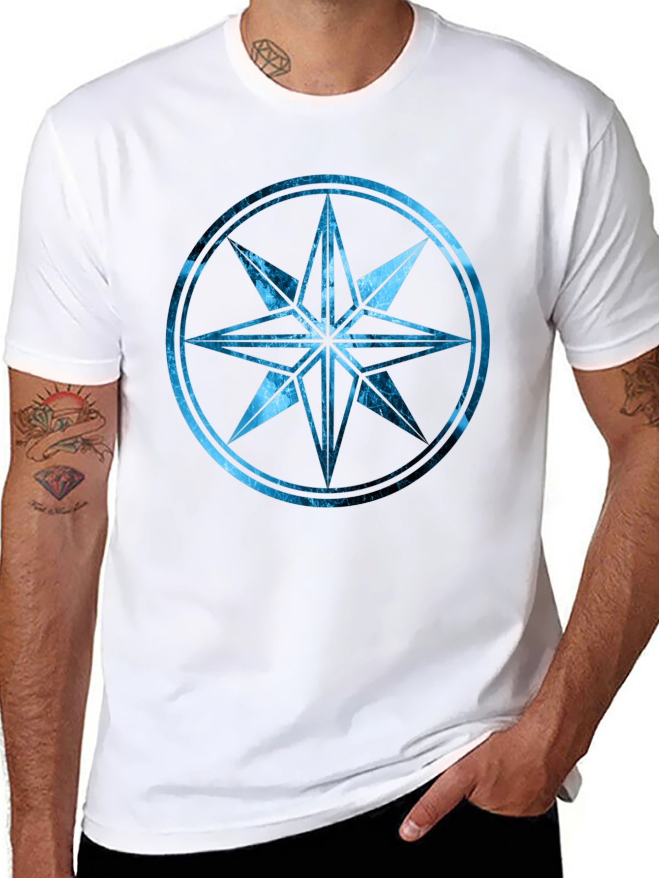 Black T-Shirt with Blue Compass Design