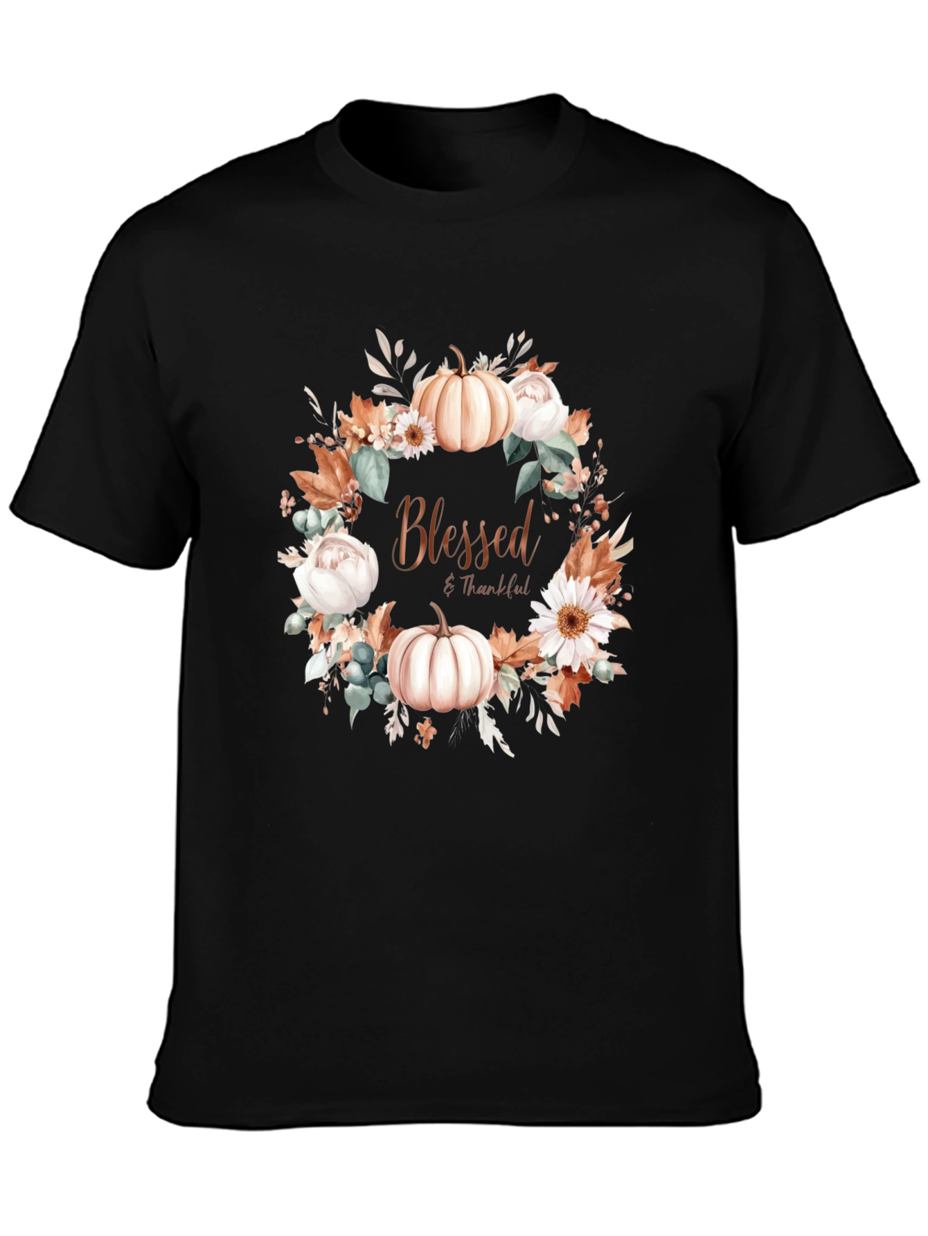 Blessed & Thankful Pumpkin Floral Wreath T-Shirt