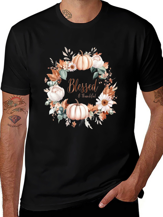 Blessed & Thankful Pumpkin Floral Wreath T-Shirt