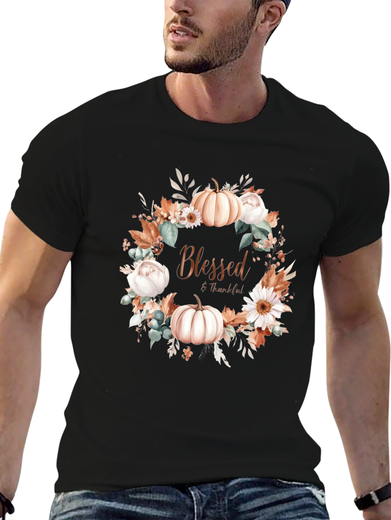 Blessed & Thankful Pumpkin Floral Wreath T-Shirt