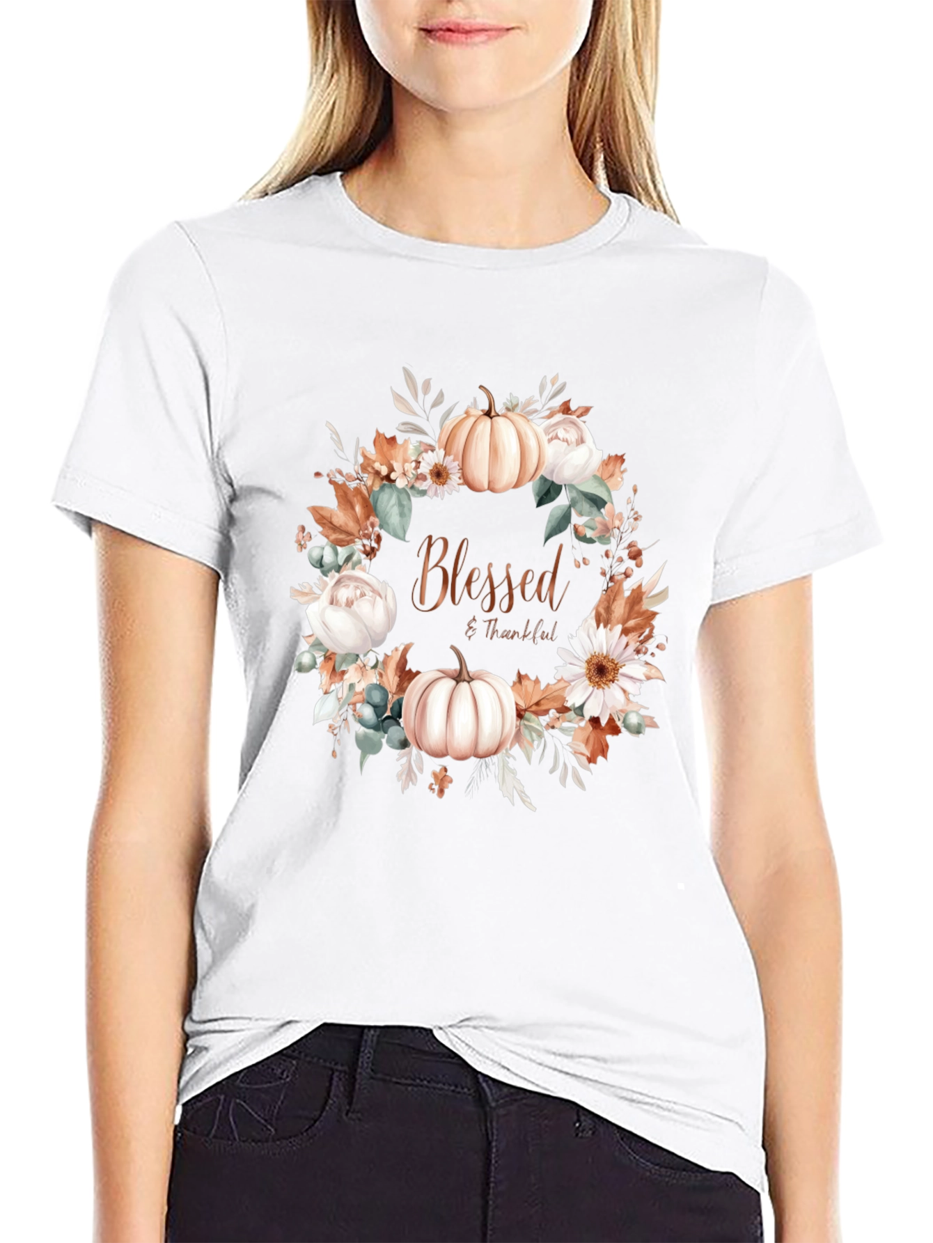 Blessed & Thankful Pumpkin Floral Wreath T-Shirt