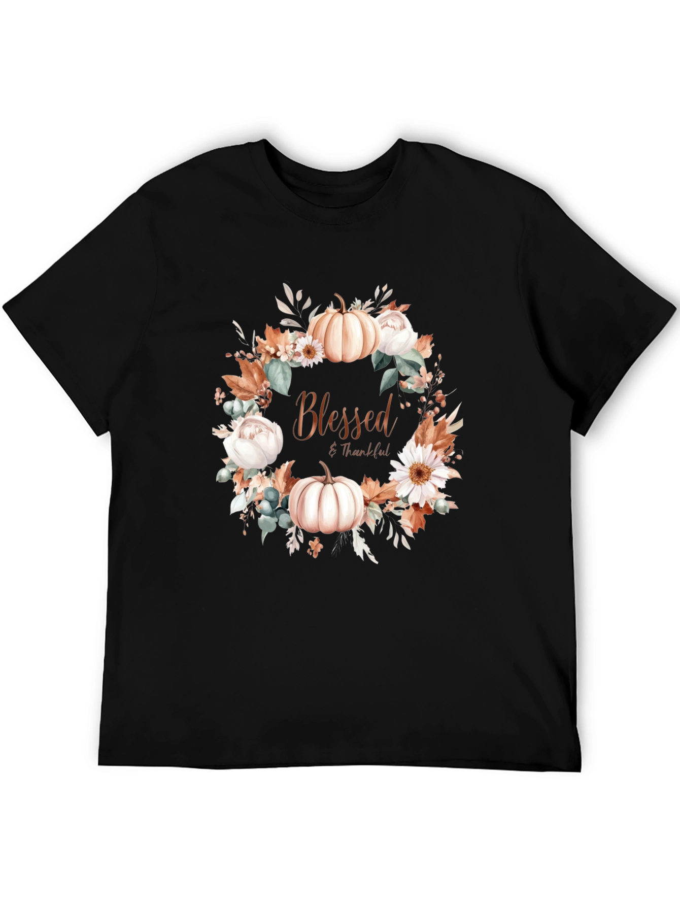 Blessed & Thankful Pumpkin Floral Wreath T-Shirt
