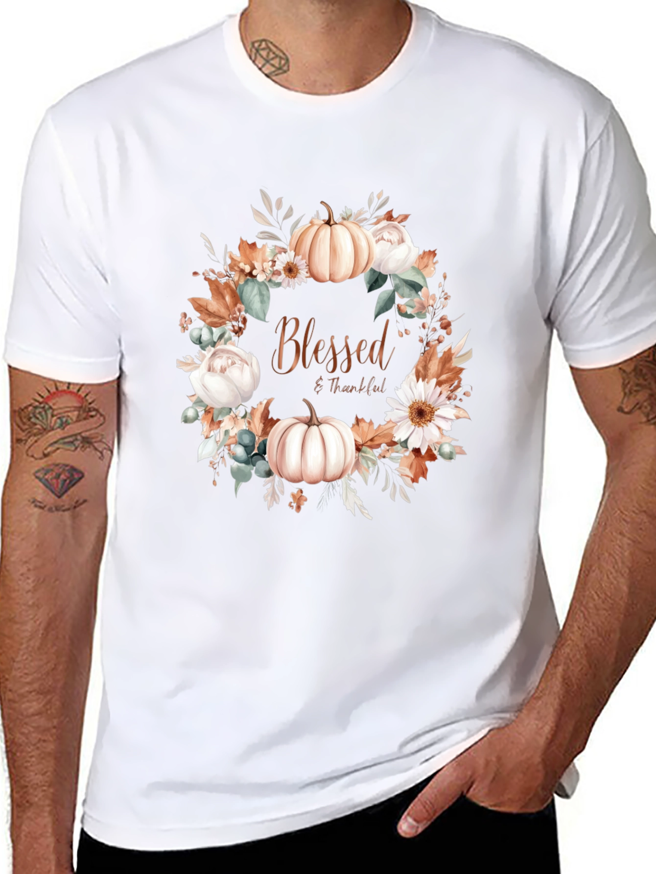 Blessed & Thankful Pumpkin Floral Wreath T-Shirt