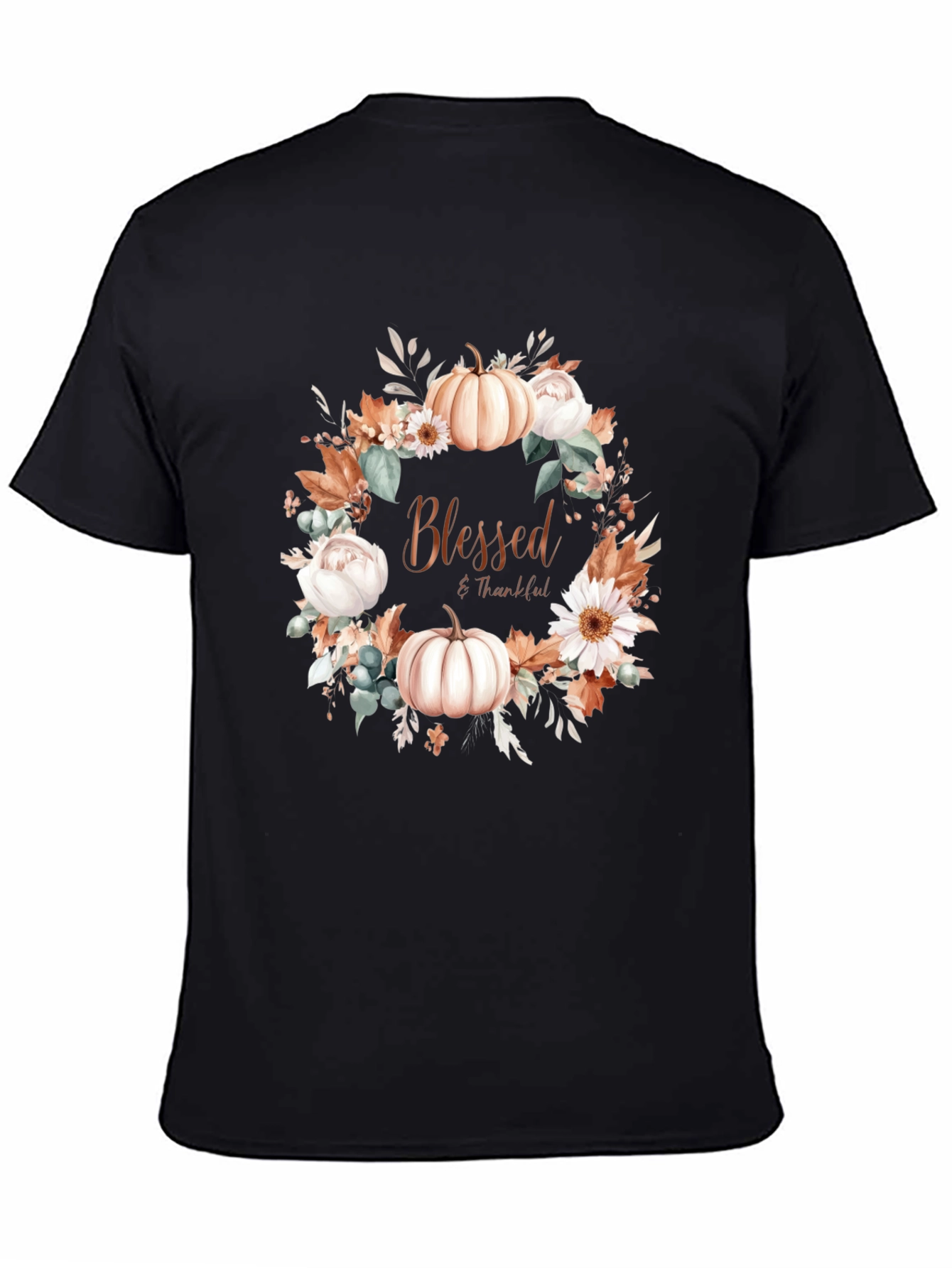 Blessed & Thankful Pumpkin Floral Wreath T-Shirt
