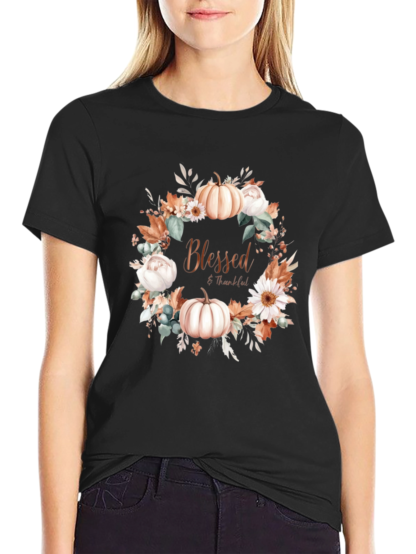 Blessed & Thankful Pumpkin Floral Wreath T-Shirt