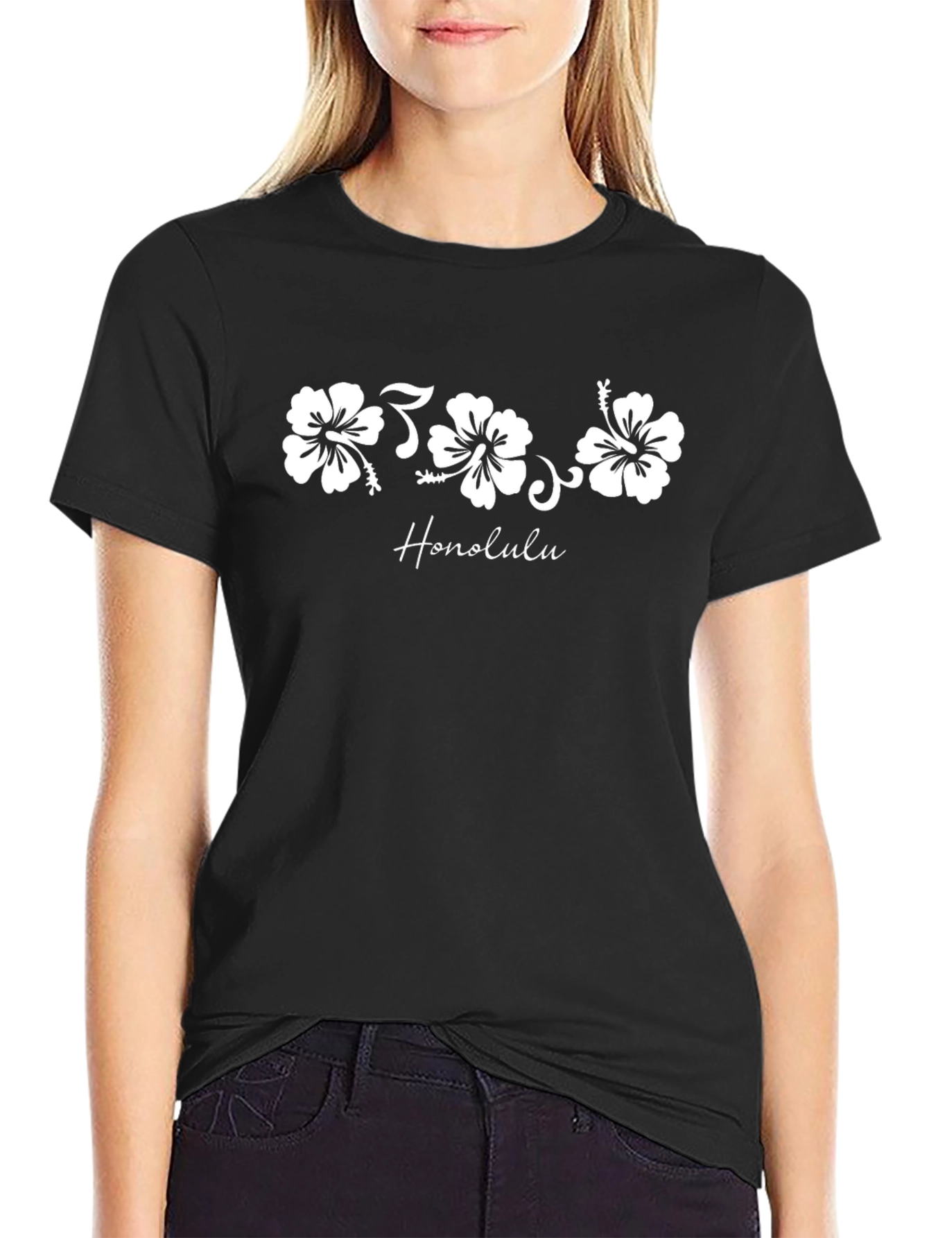 Honolulu Hibiscus Flower Graphic Tee - Black Cotton T-Shirt