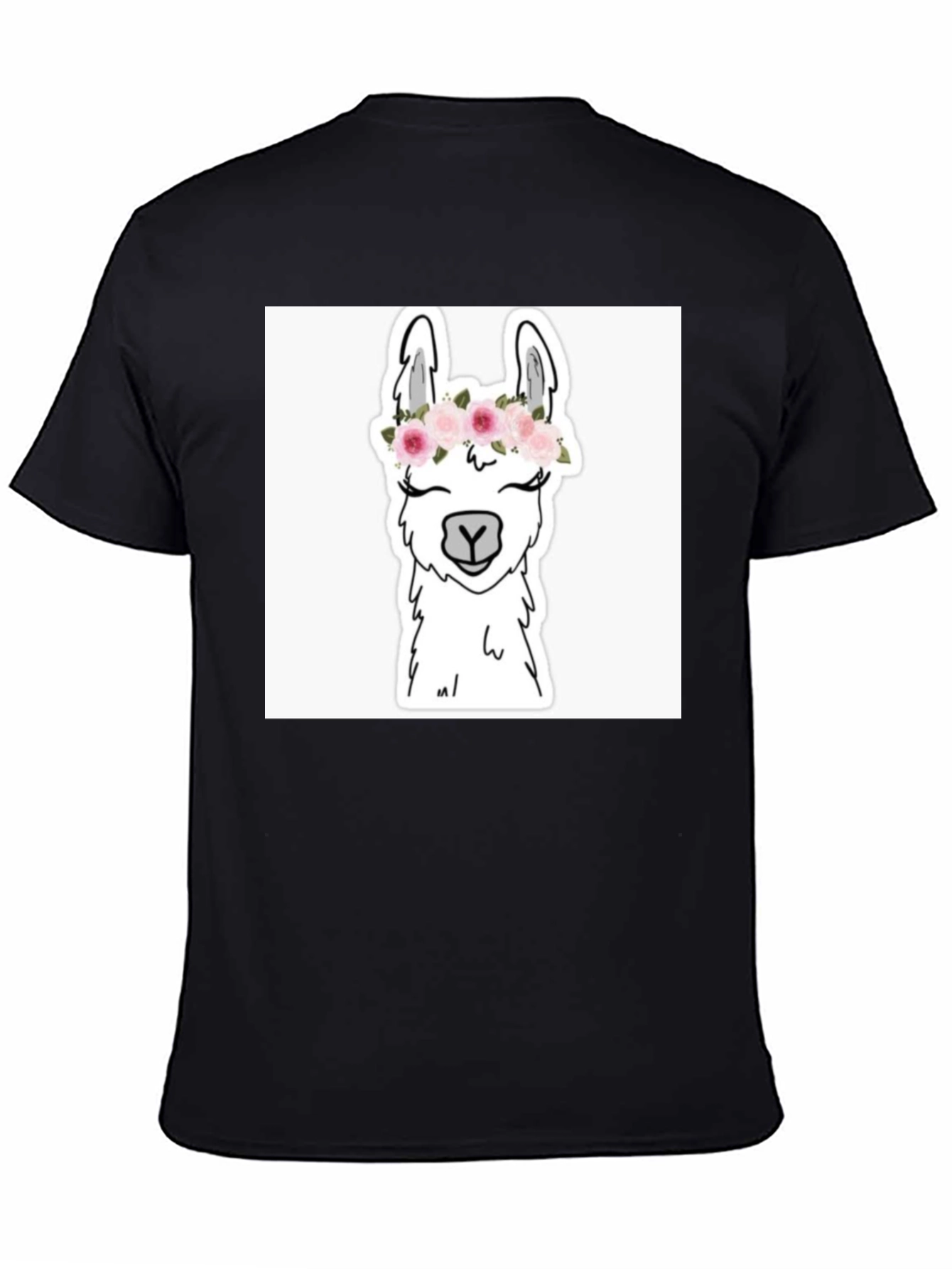 Llama with Flowers Black T-Shirt