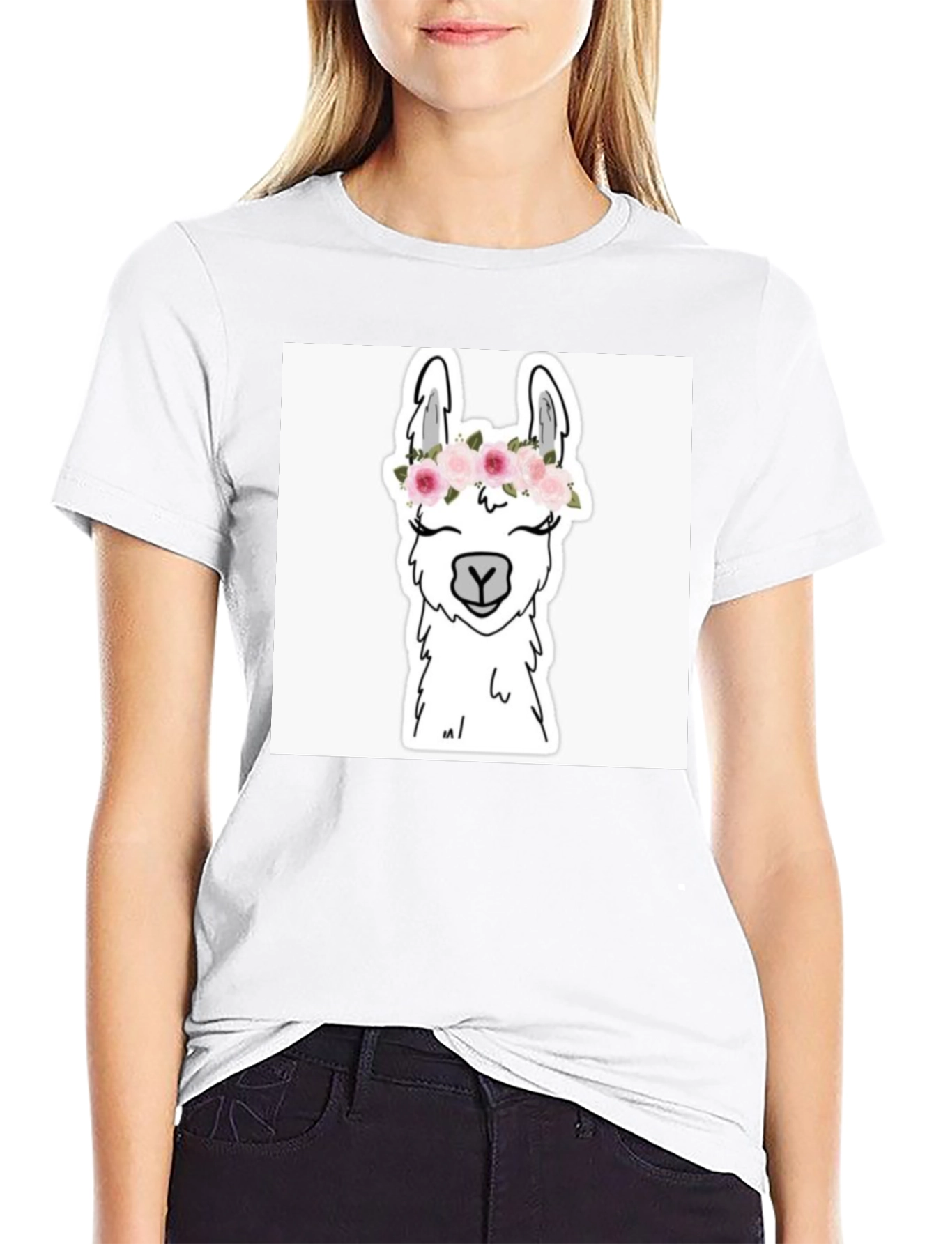 Llama with Flowers Black T-Shirt