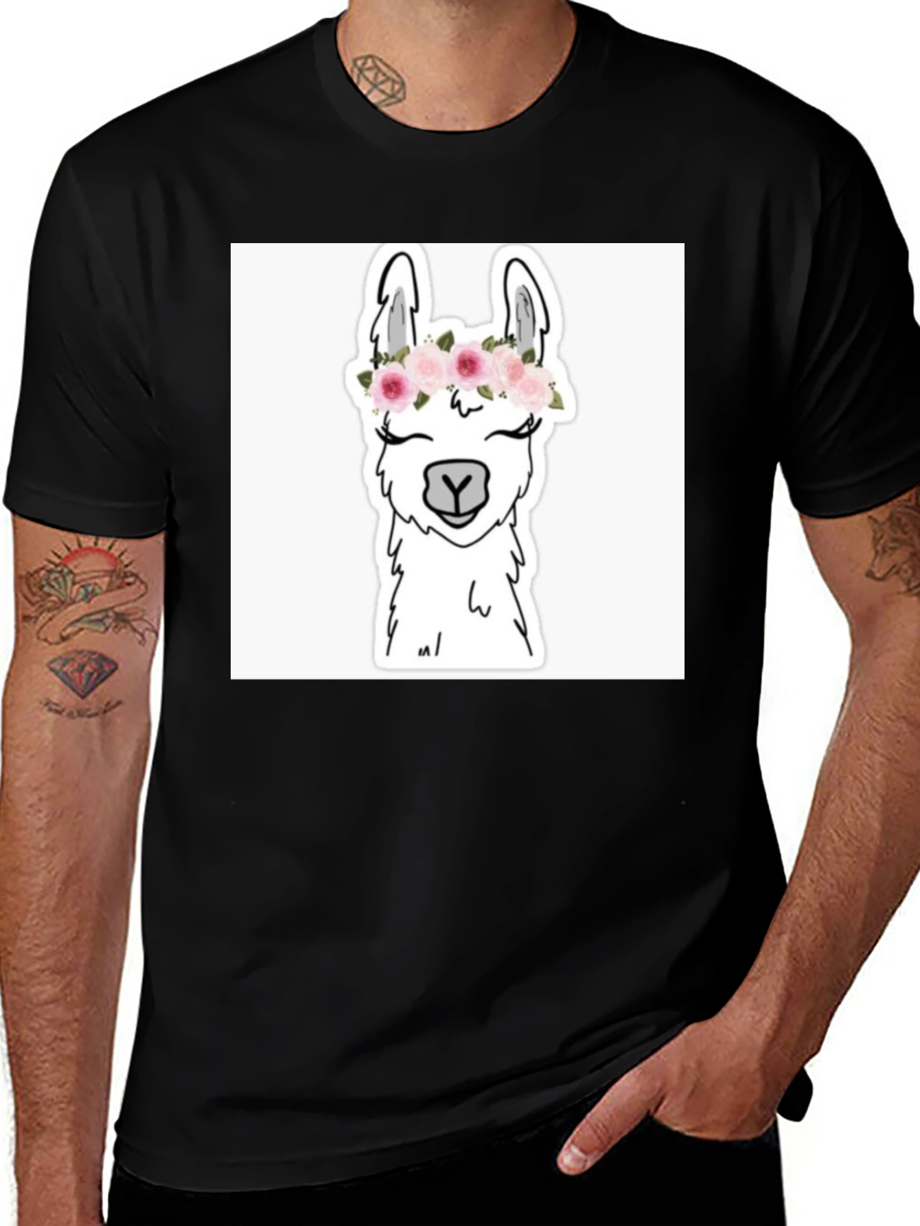 Llama with Flowers Black T-Shirt