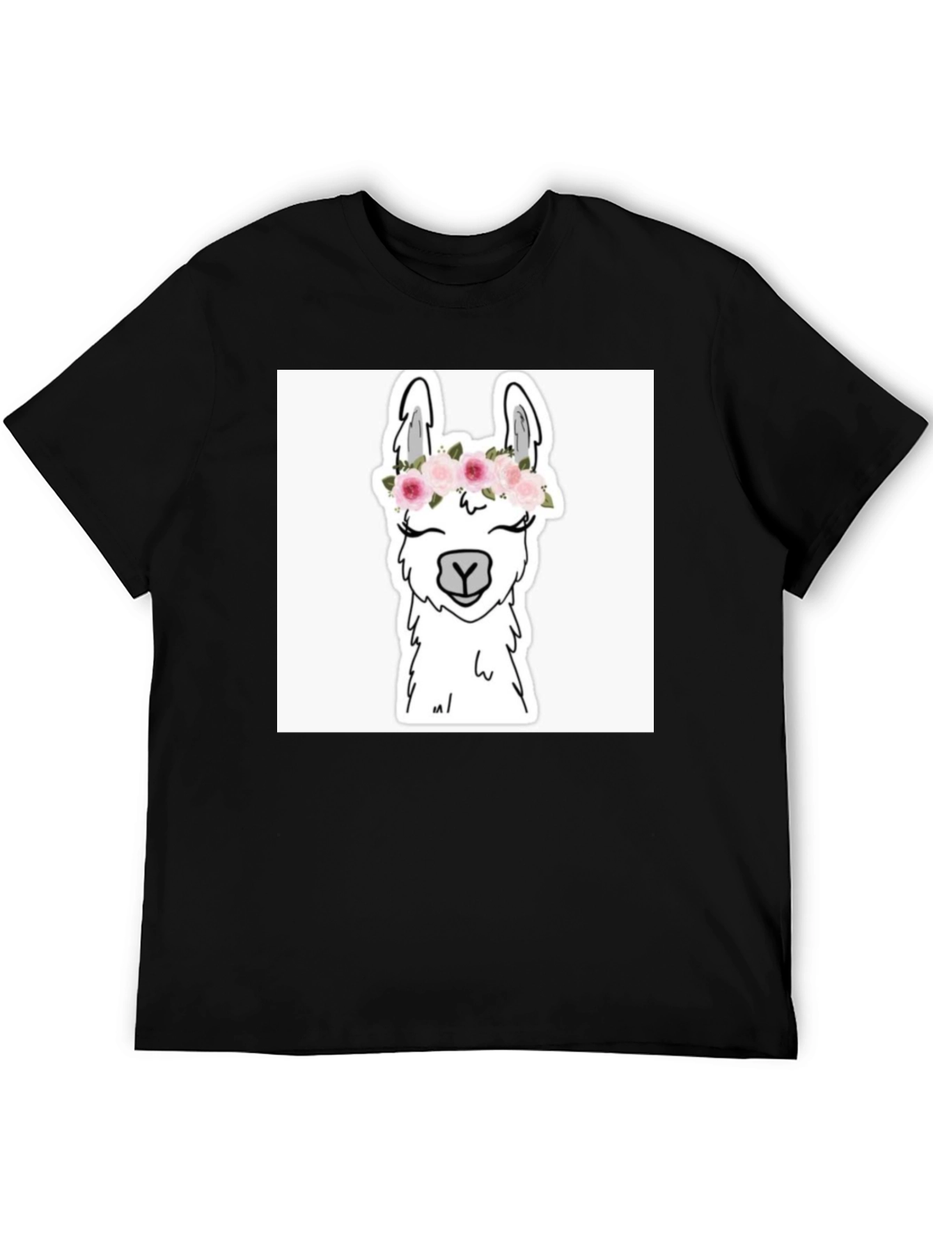 Llama with Flowers Black T-Shirt