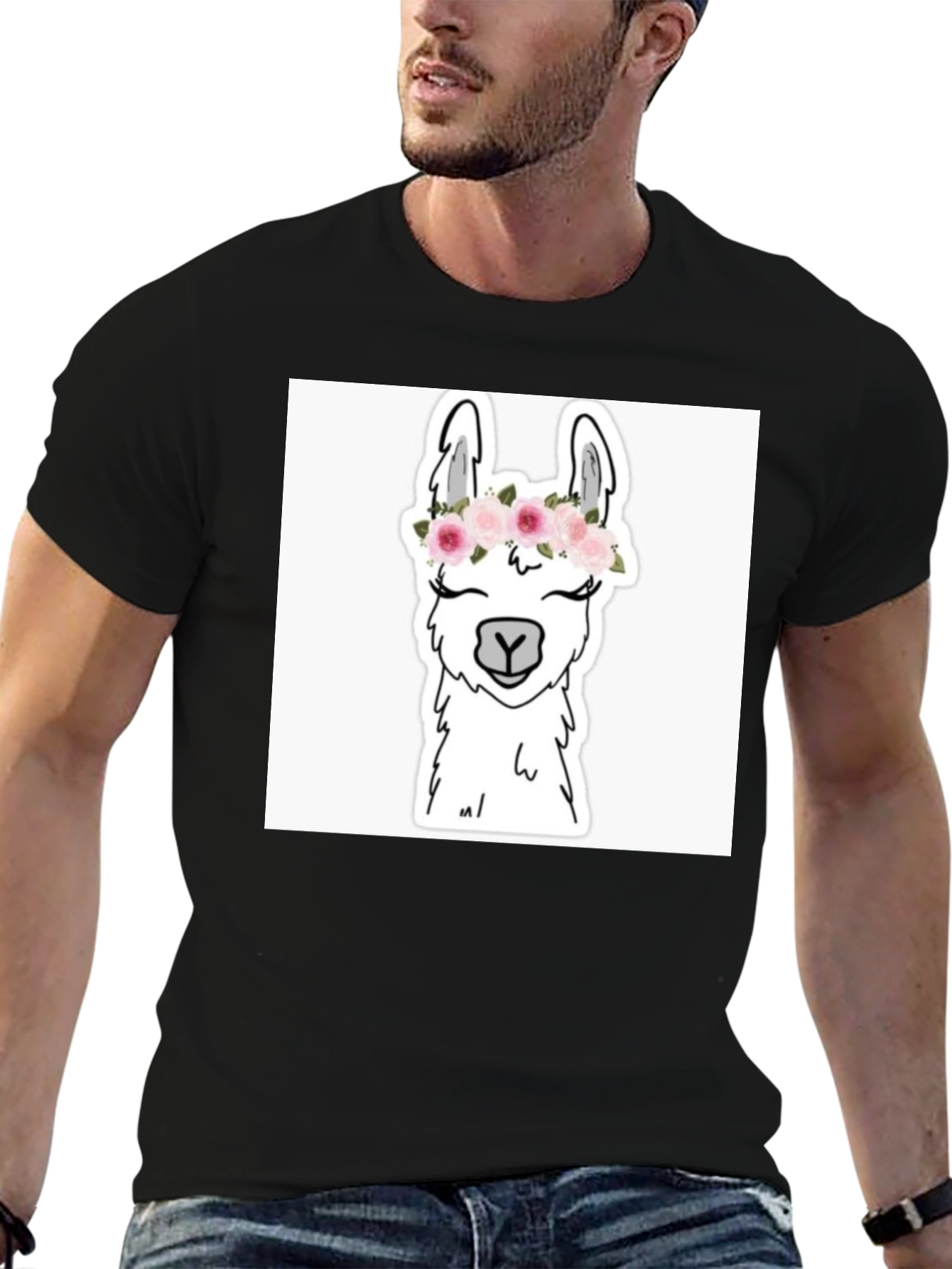 Llama with Flowers Black T-Shirt