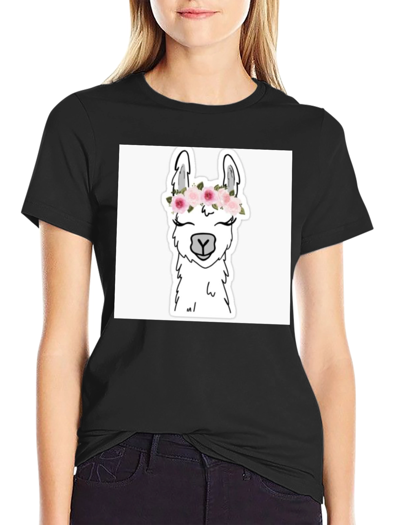 Llama with Flowers Black T-Shirt