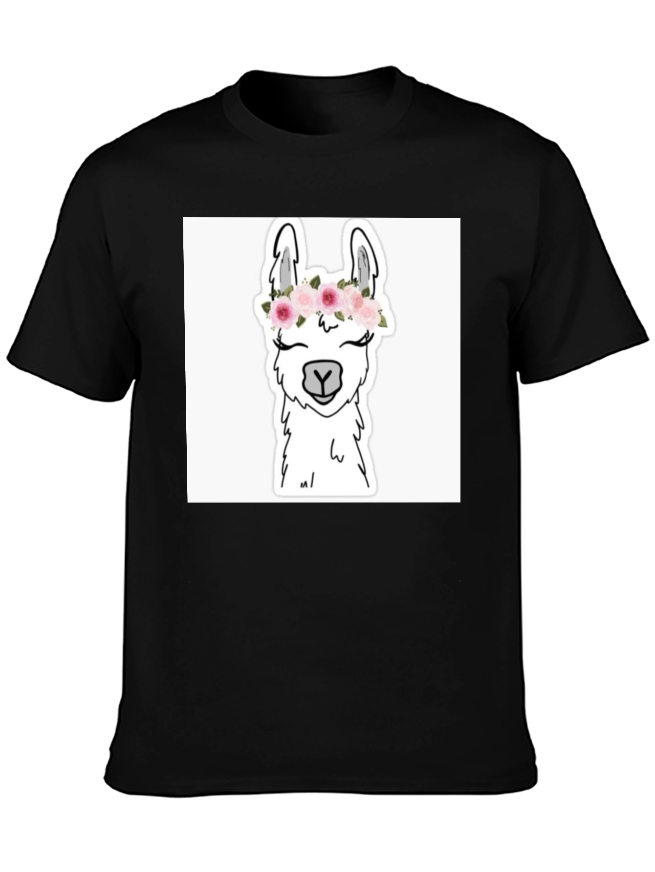 Llama with Flowers Black T-Shirt
