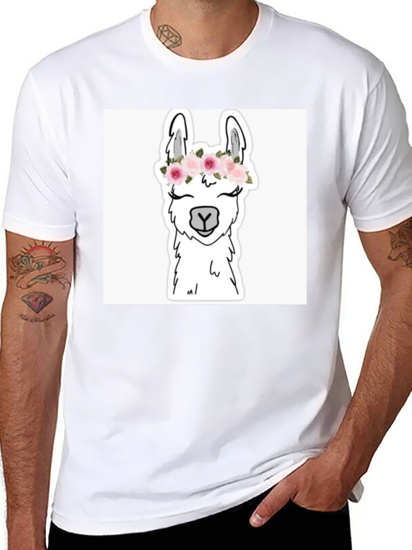 Llama with Flowers Black T-Shirt