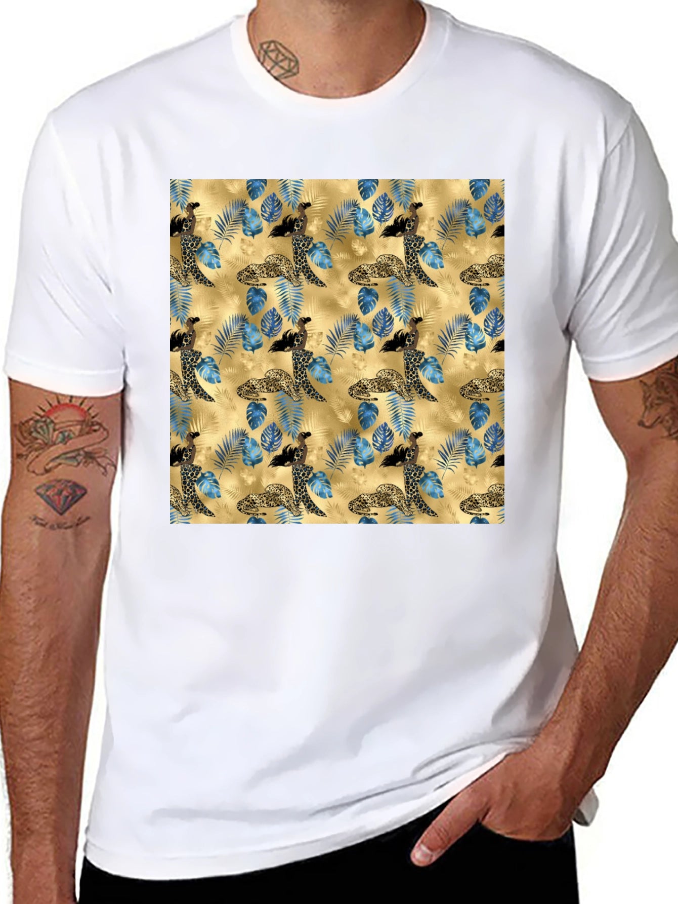 Exotic Leopard & Floral Print Mens T-Shirt