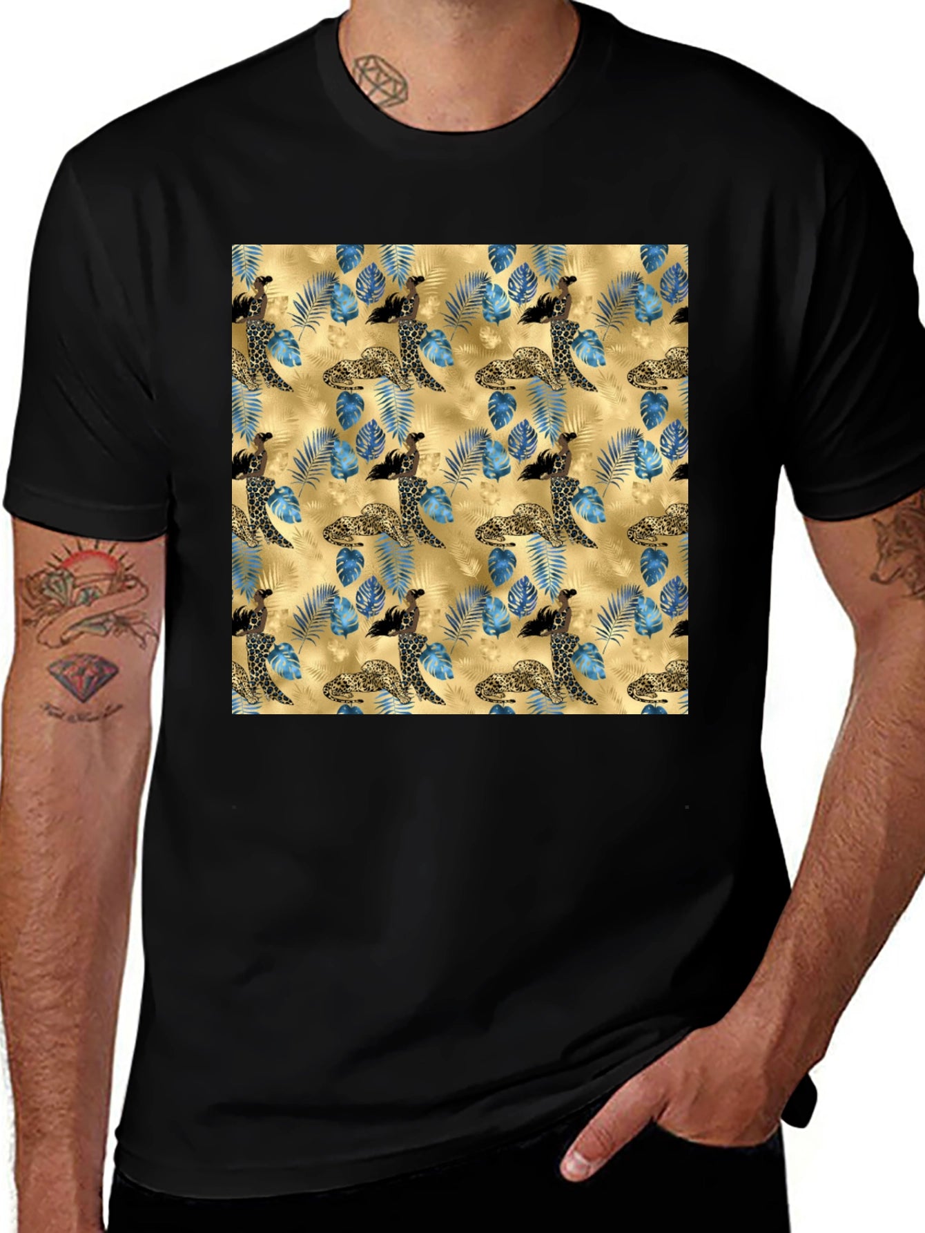 Exotic Leopard & Floral Print Mens T-Shirt