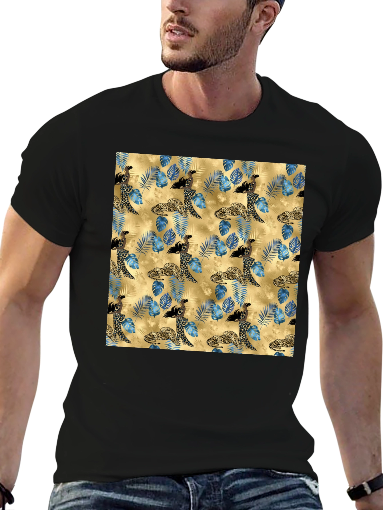 Exotic Leopard & Floral Print Mens T-Shirt