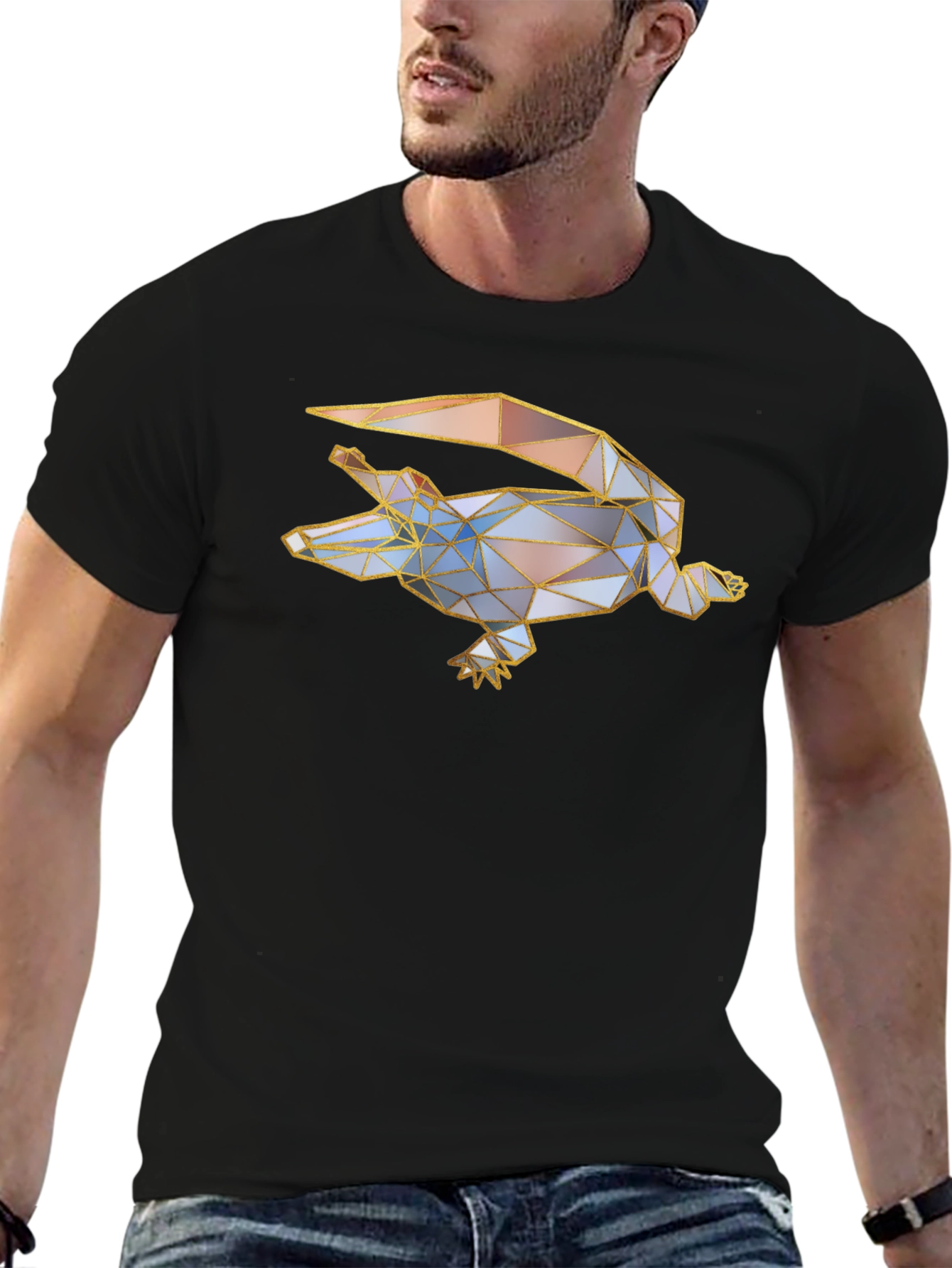 Geometric Crocodile Graphic Black T-Shirt