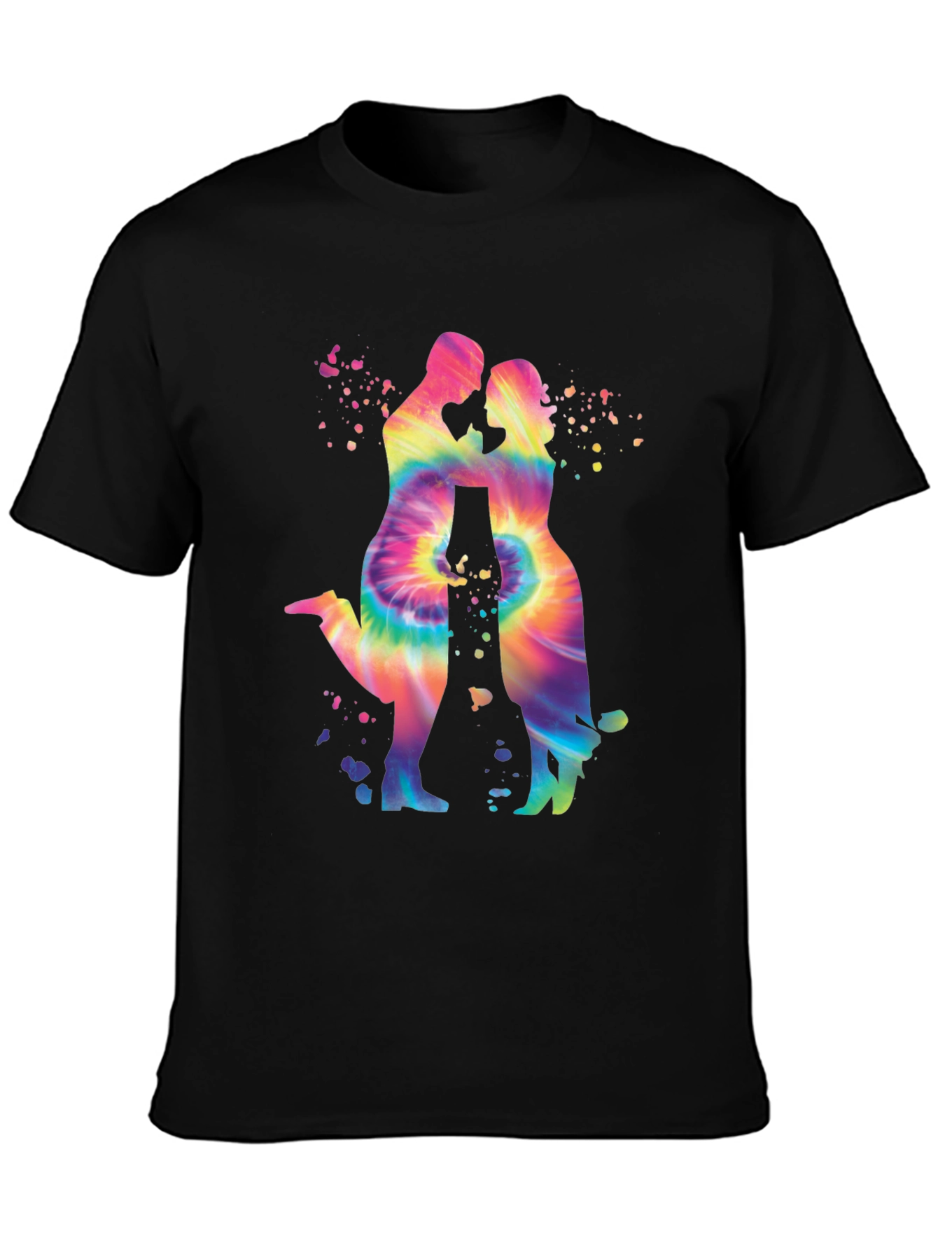 Tie-Dye Couple Silhouette Graphic Tee - Trendy Black T-Shirt