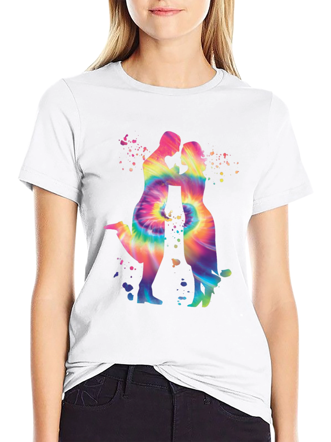 Tie-Dye Couple Silhouette Graphic Tee - Trendy Black T-Shirt