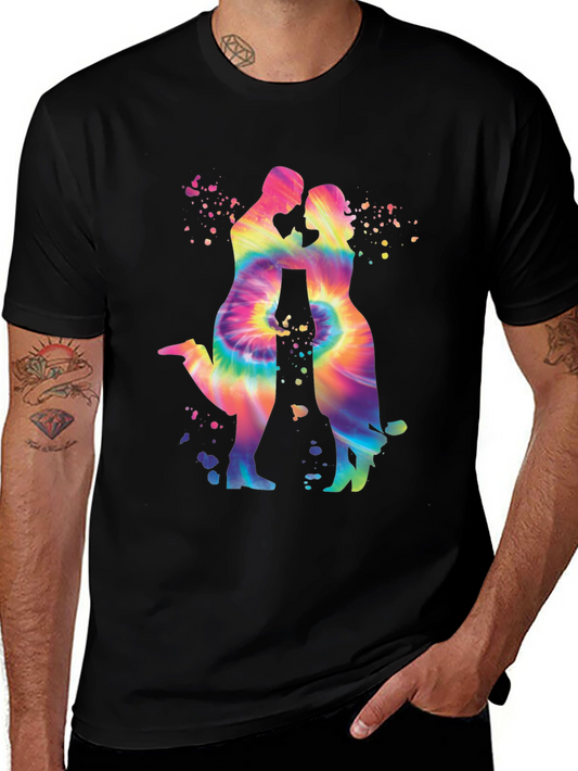 Tie-Dye Couple Silhouette Graphic Tee - Trendy Black T-Shirt