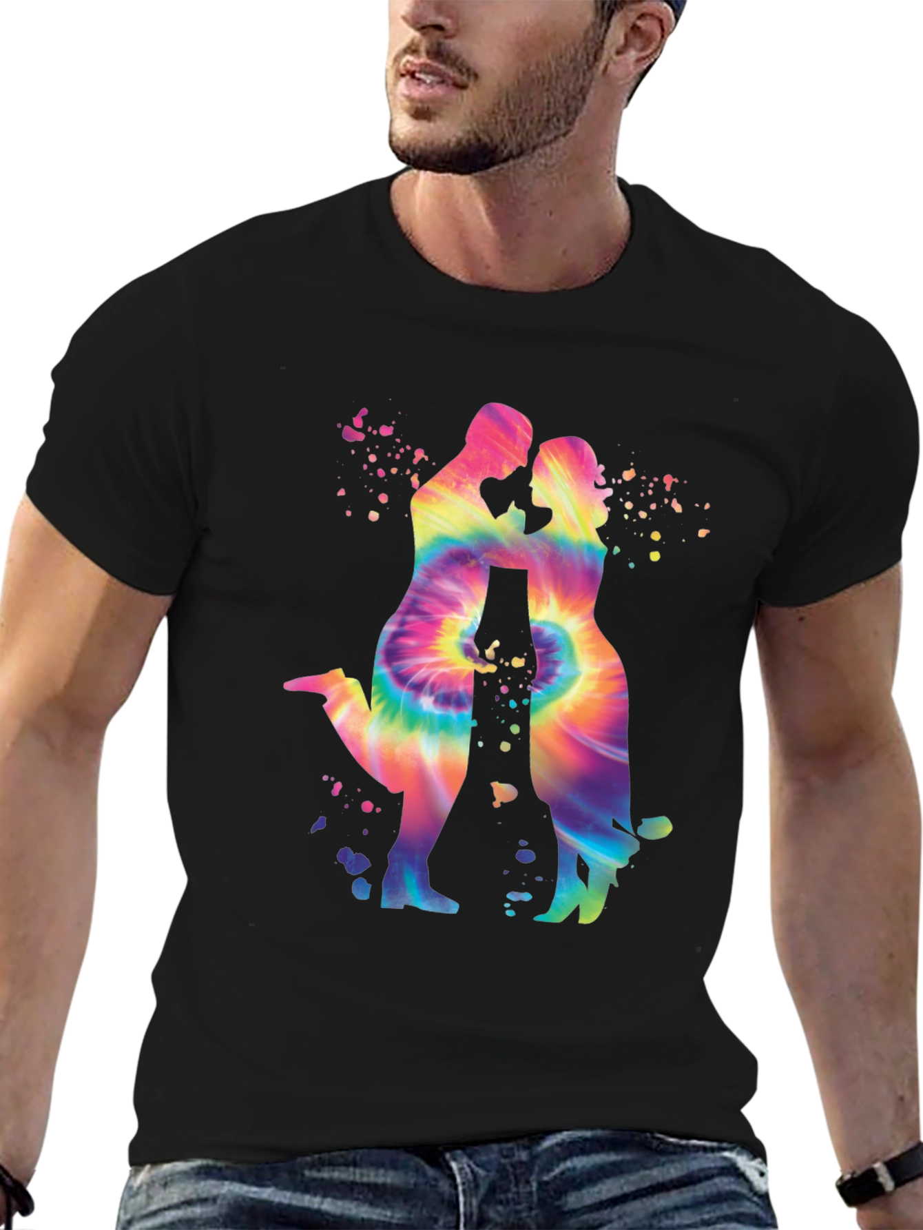 Tie-Dye Couple Silhouette Graphic Tee - Trendy Black T-Shirt