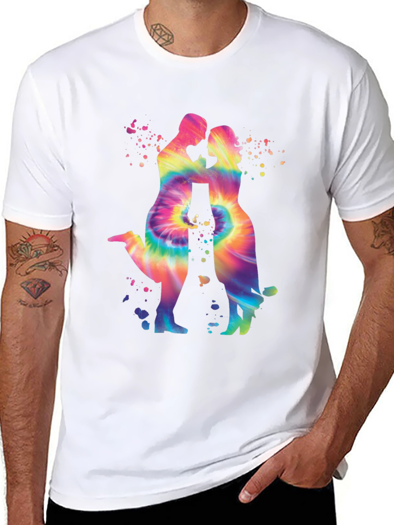 Tie-Dye Couple Silhouette Graphic Tee - Trendy Black T-Shirt