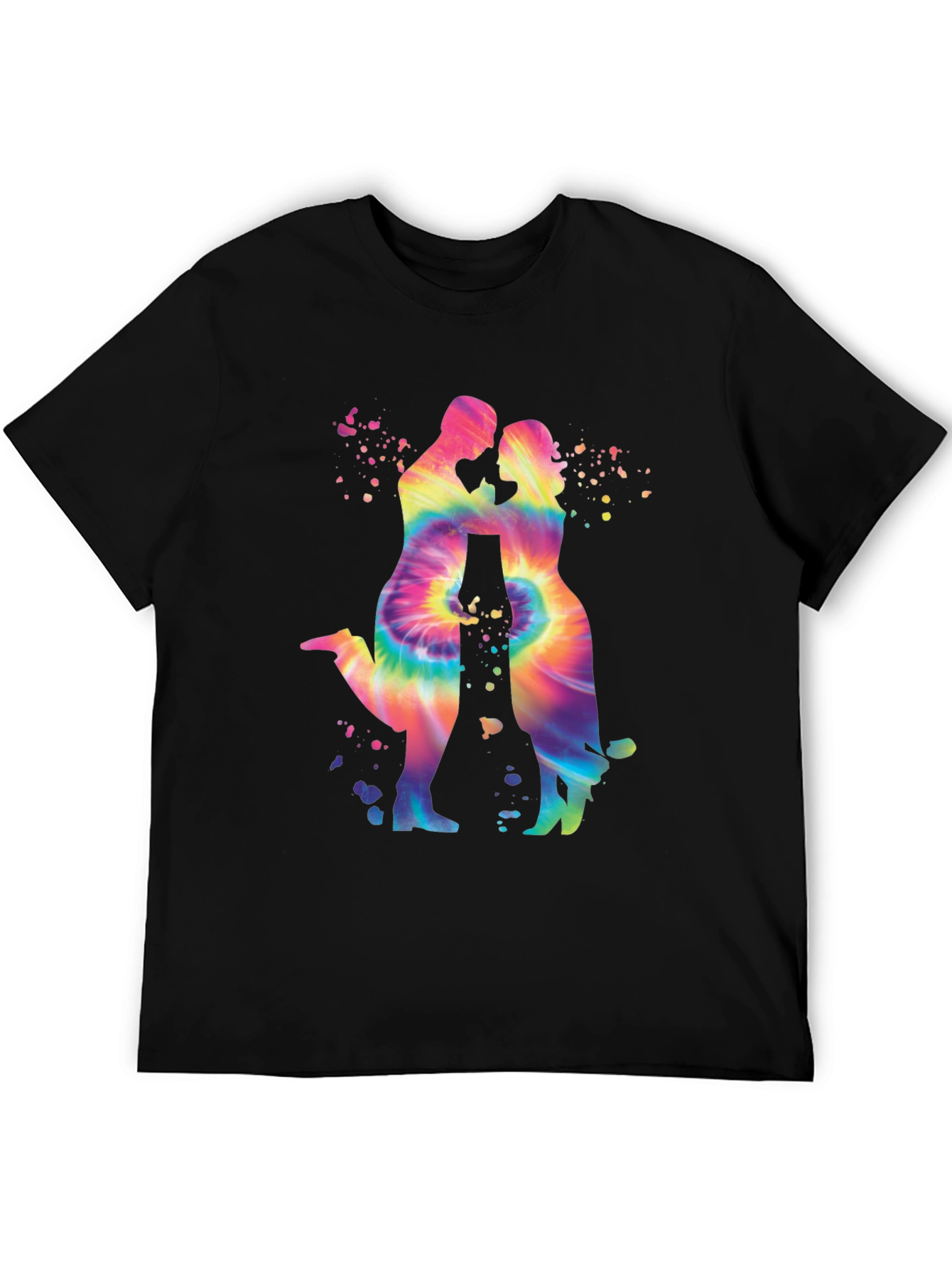 Tie-Dye Couple Silhouette Graphic Tee - Trendy Black T-Shirt