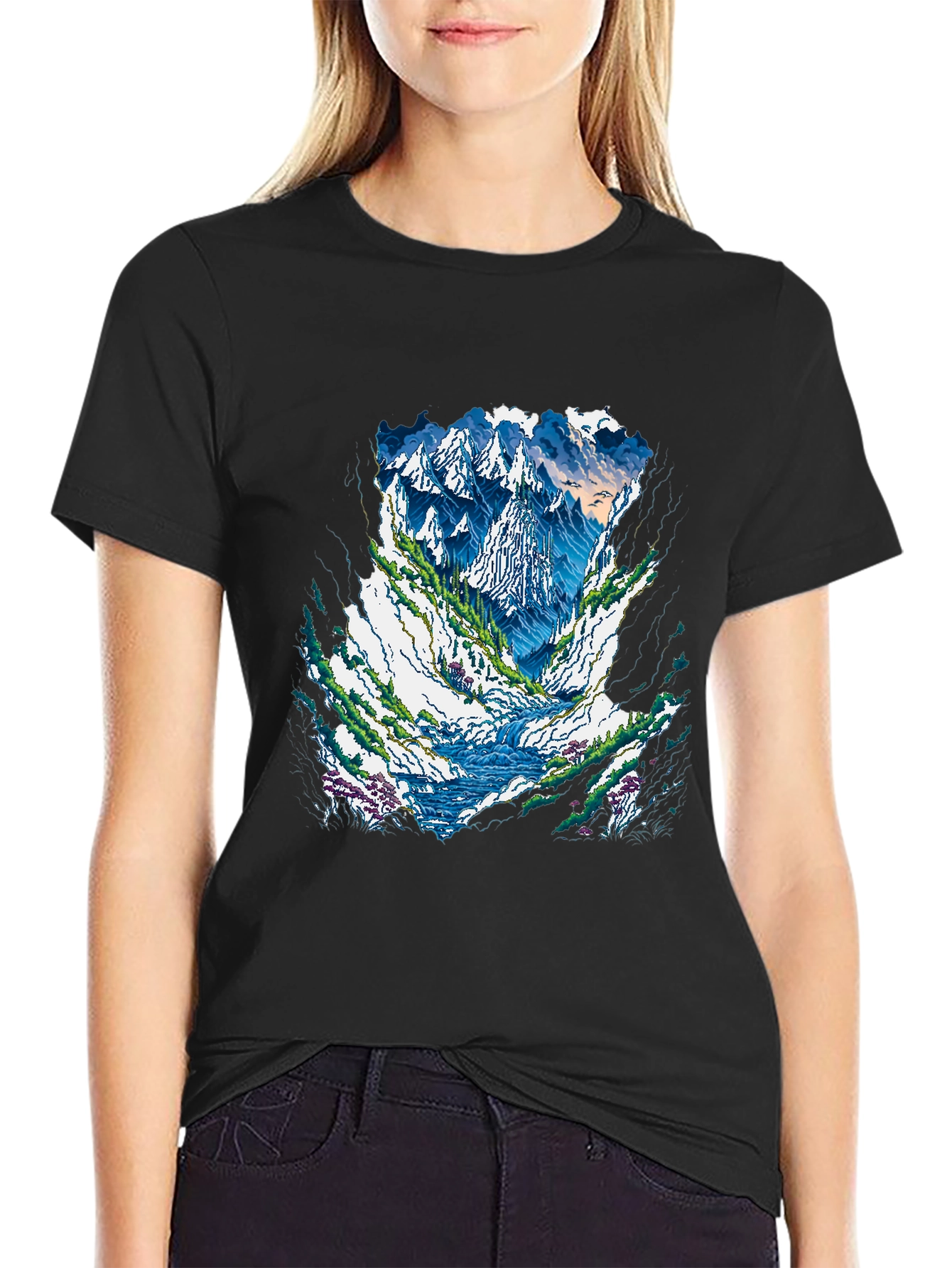 Mountain Landscape Graphic Tee - Black Casual Shirt