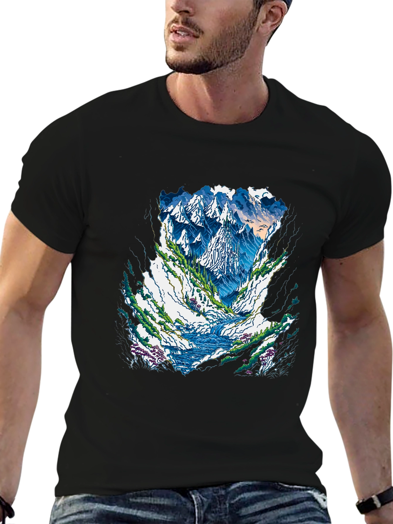 Mountain Landscape Graphic Tee - Black Casual Shirt