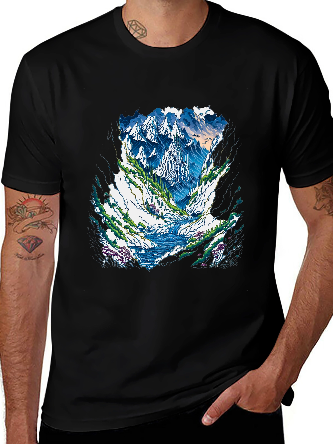 Mountain Landscape Graphic Tee - Black Casual Shirt