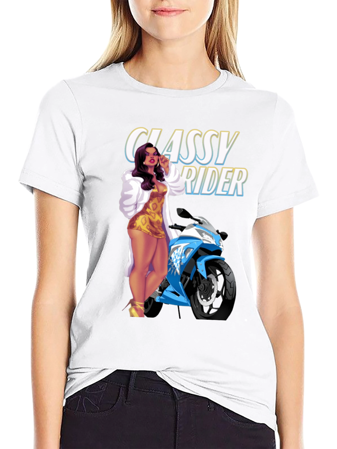 Classy Rider Graphic T-Shirt - Motorcycle Babe Design