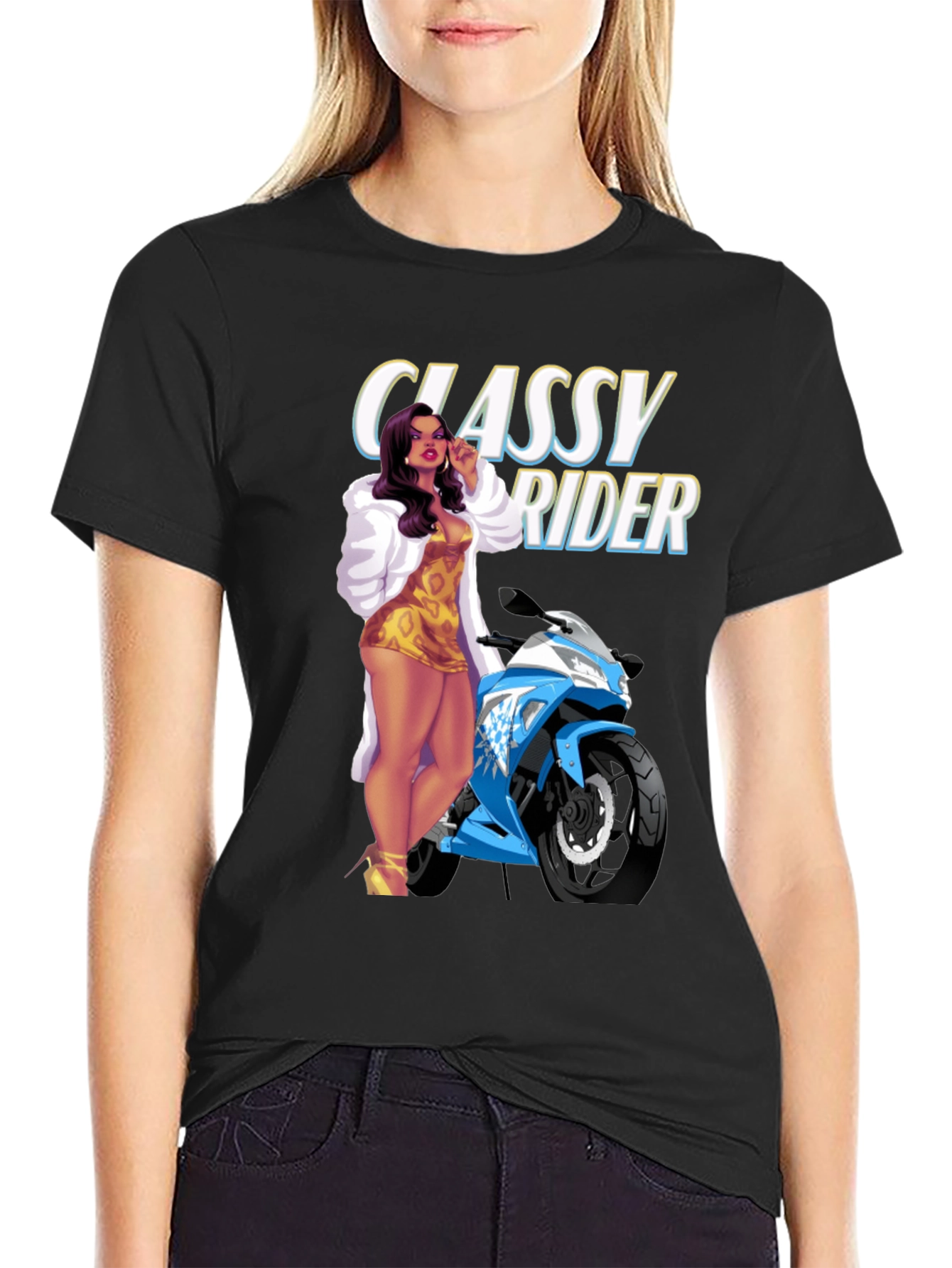 Classy Rider Graphic T-Shirt - Motorcycle Babe Design