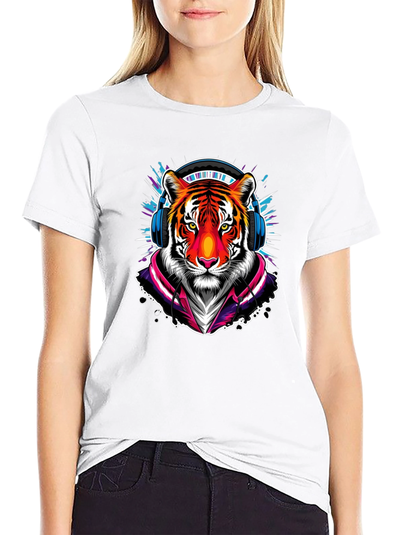 Cool Tiger Graphic Tee - Black Crew Neck T-Shirt