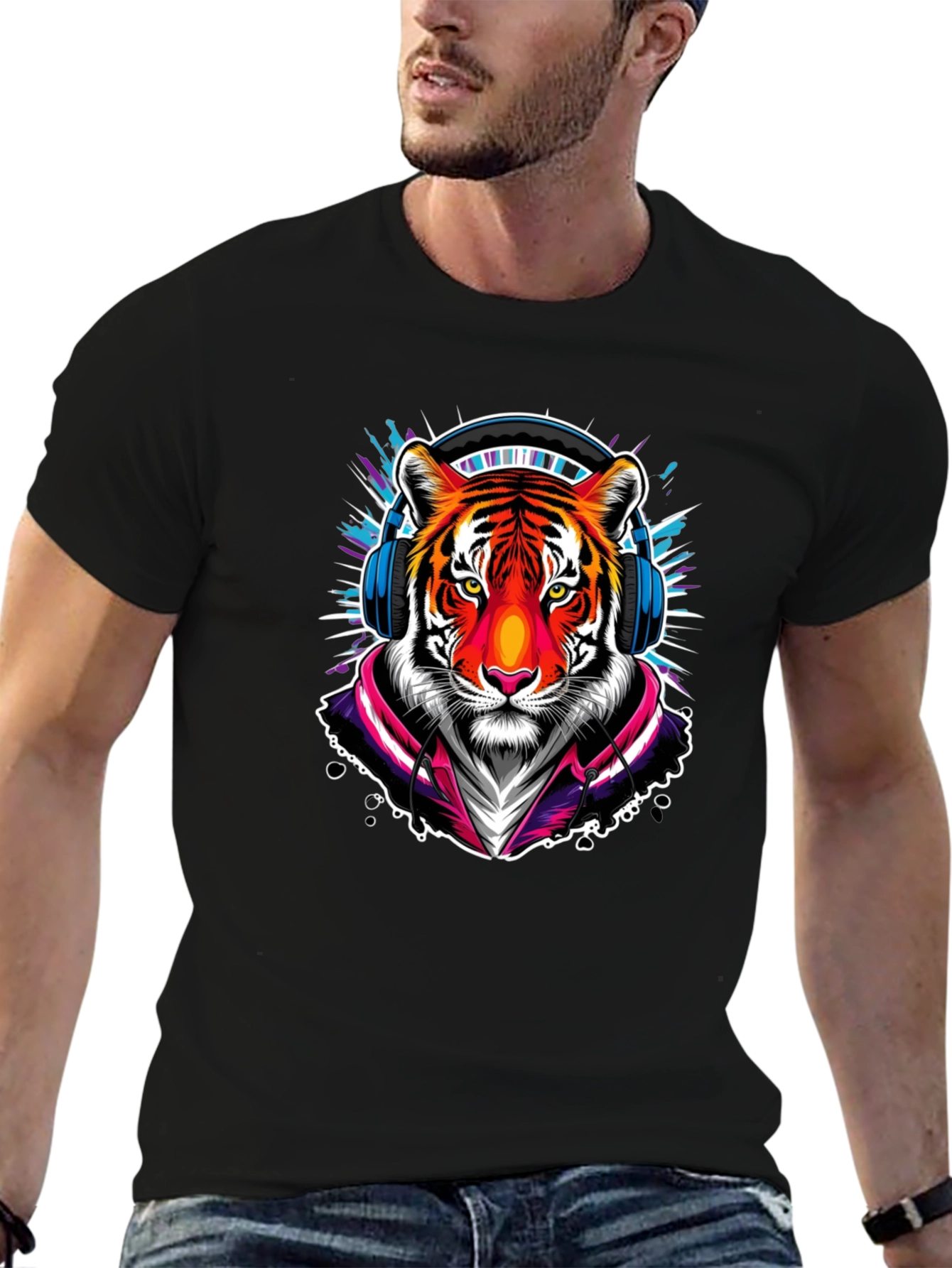Cool Tiger Graphic Tee - Black Crew Neck T-Shirt