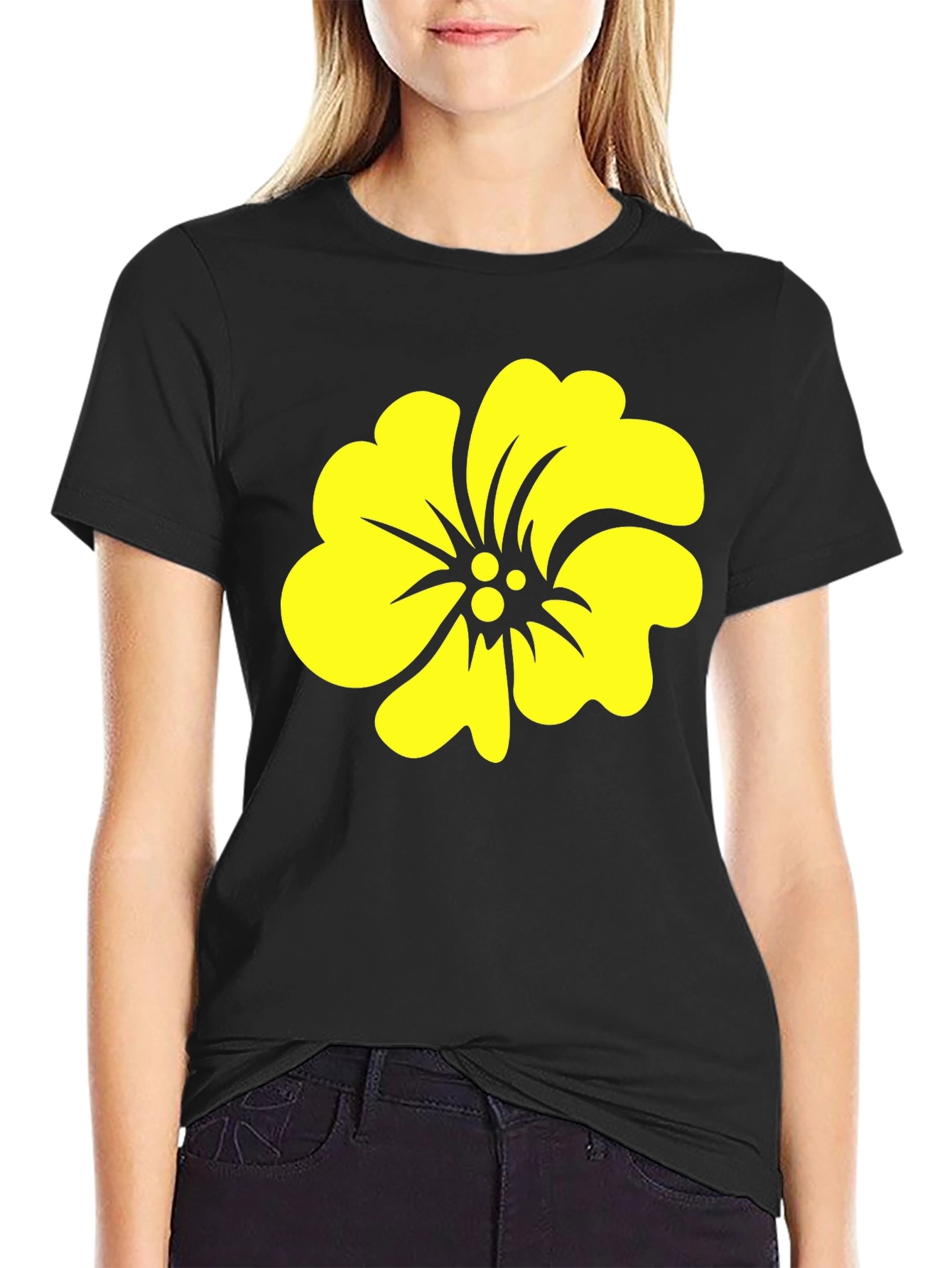Black Tee with Yellow Hibiscus Flower Graphic