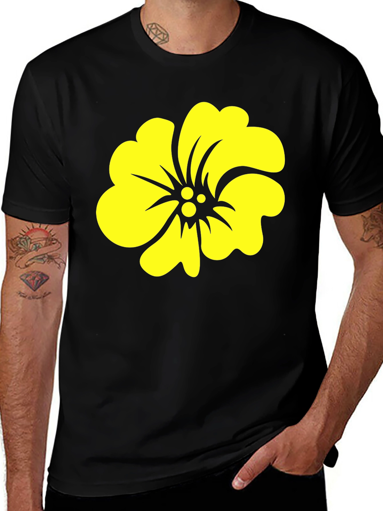 Black Tee with Yellow Hibiscus Flower Graphic