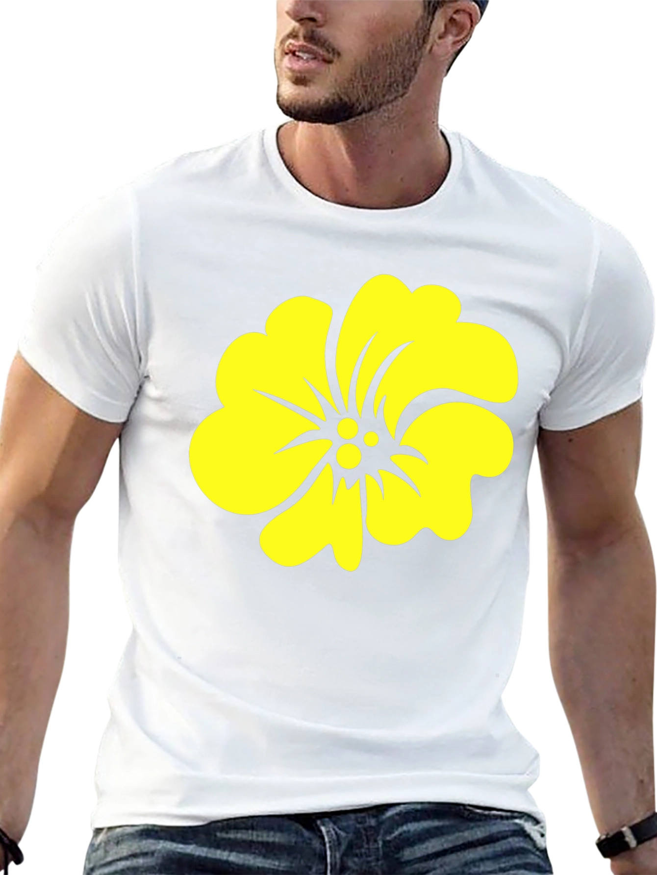 Black Tee with Yellow Hibiscus Flower Graphic