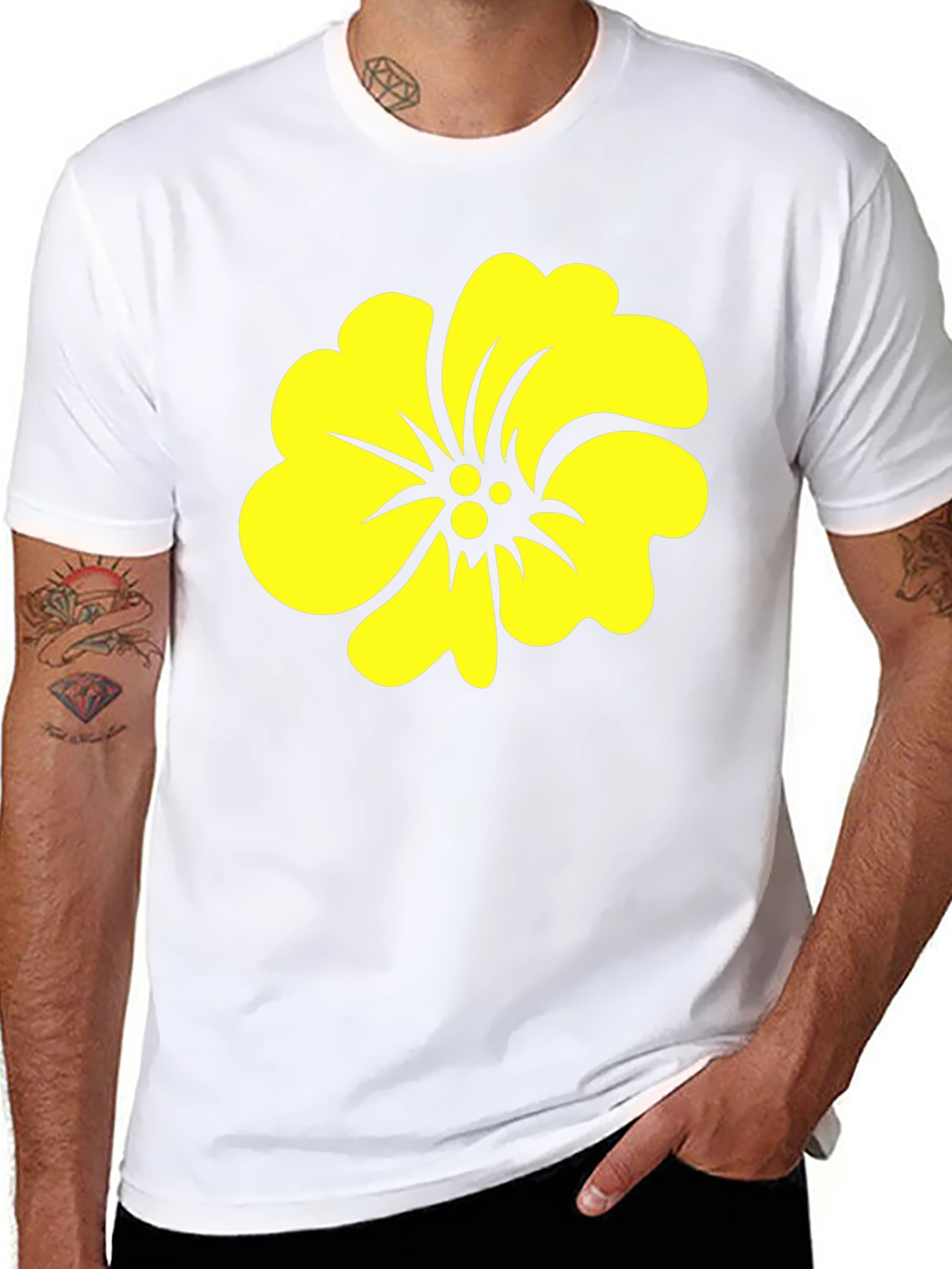 Black Tee with Yellow Hibiscus Flower Graphic