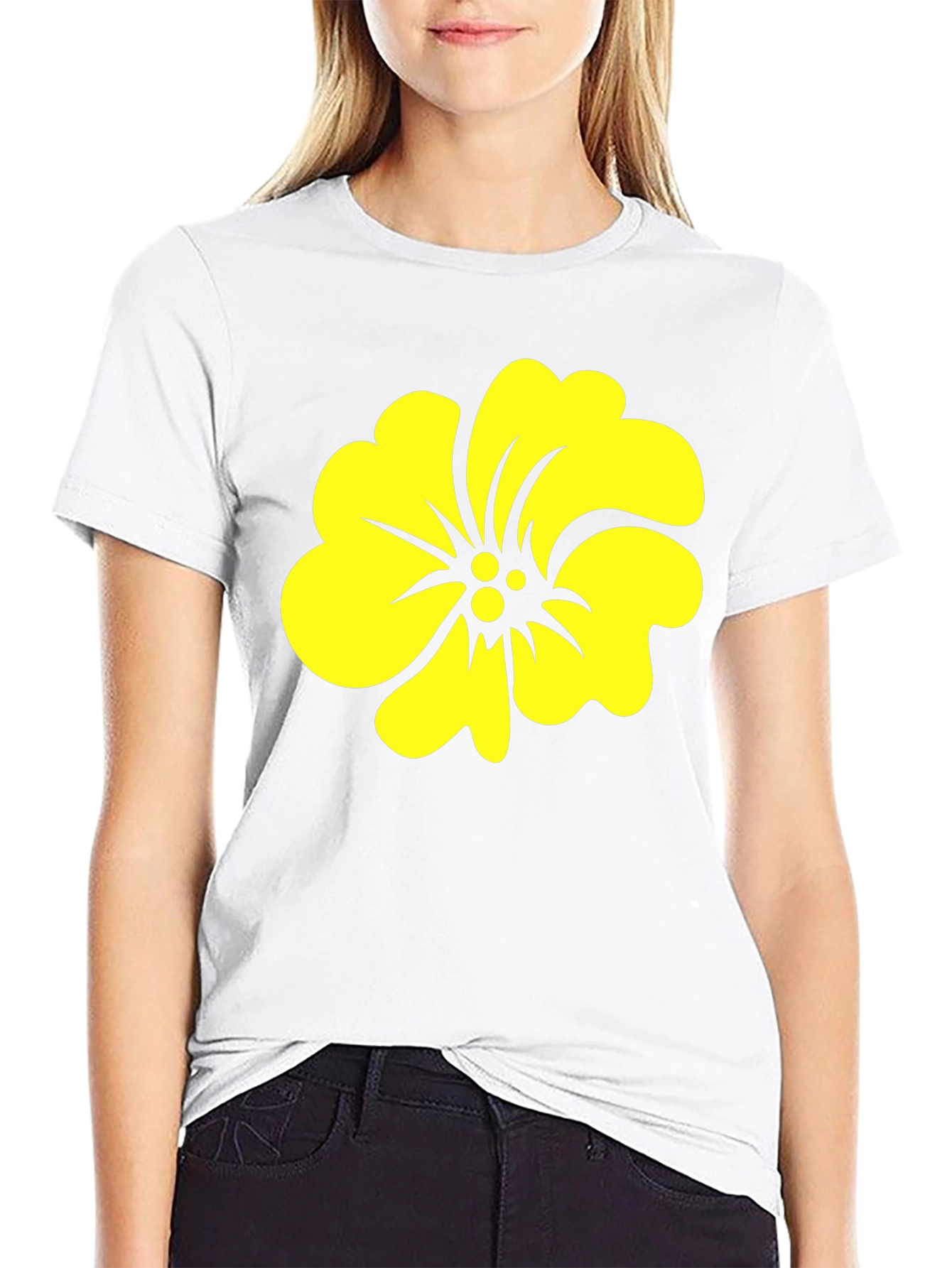 Black Tee with Yellow Hibiscus Flower Graphic