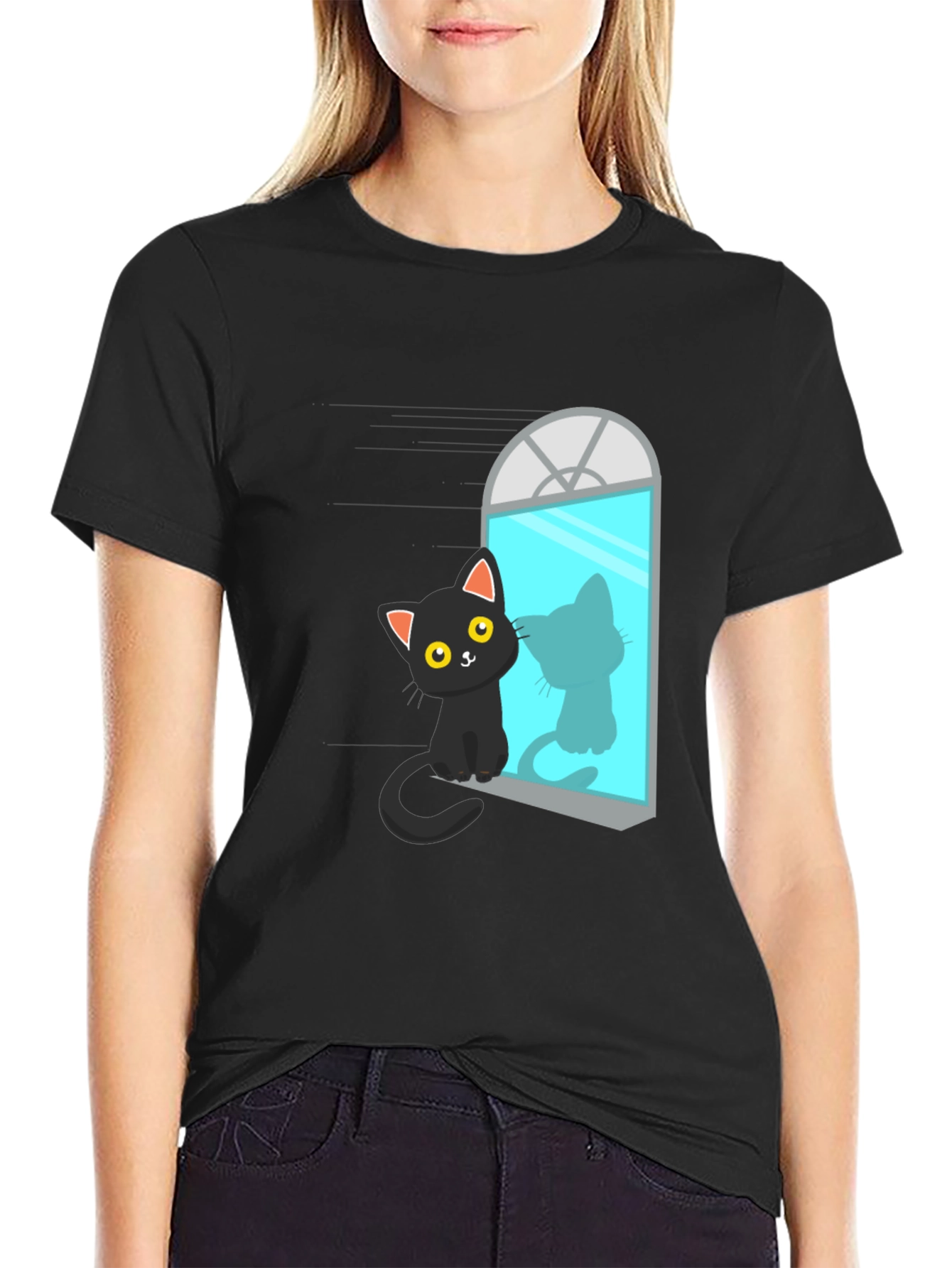 Black Cat Window Reflection Graphic Tee