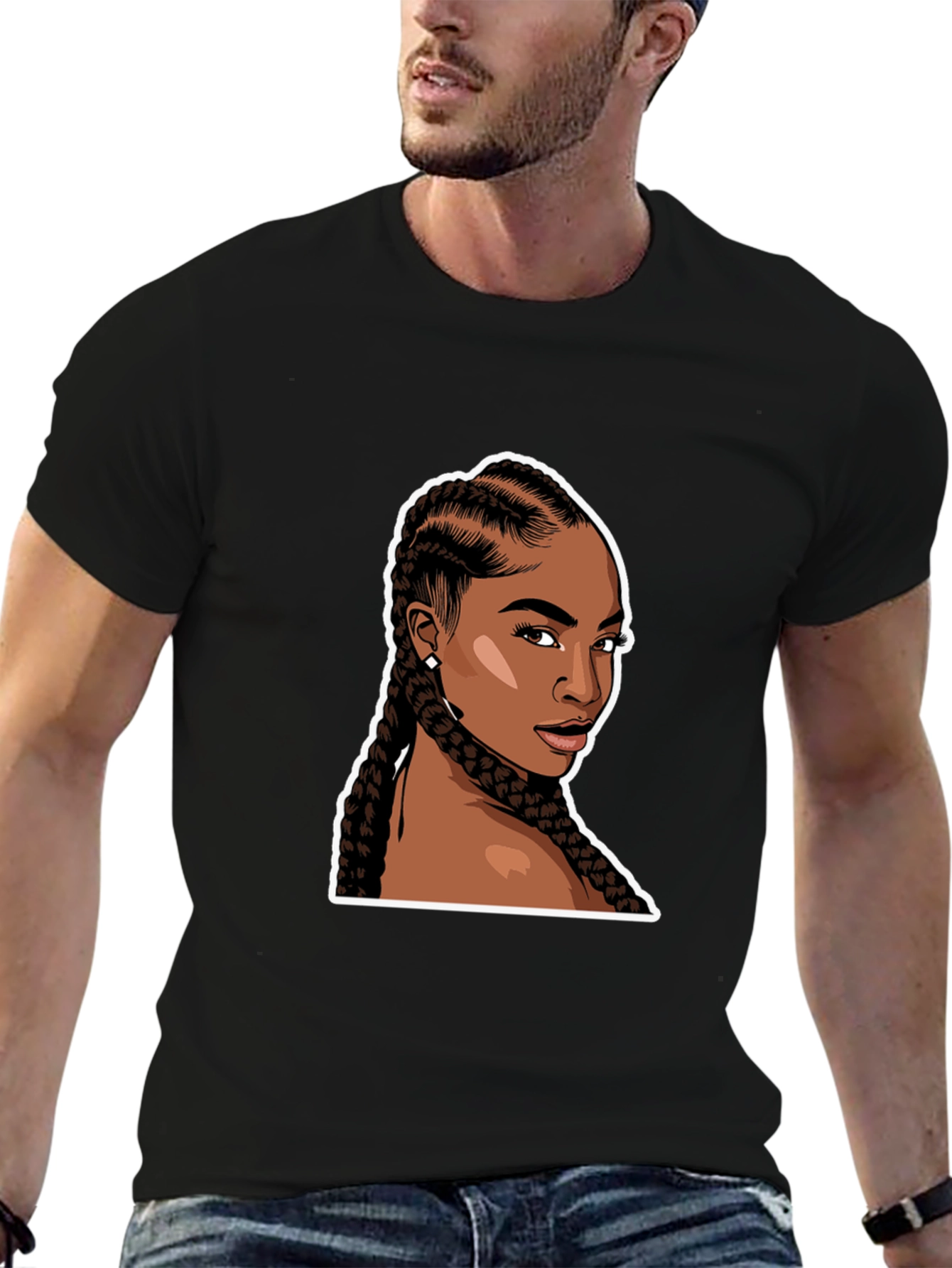 Black T-Shirt with Woman Braids Graphic