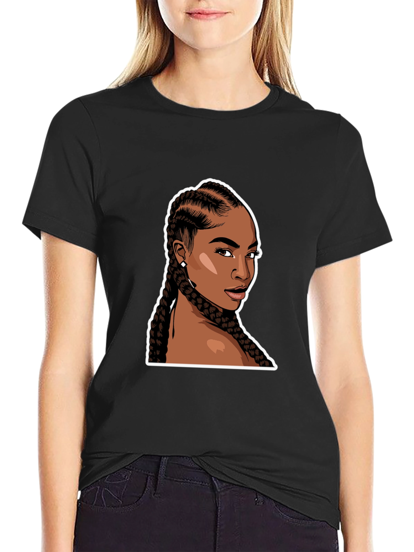 Black T-Shirt with Woman Braids Graphic